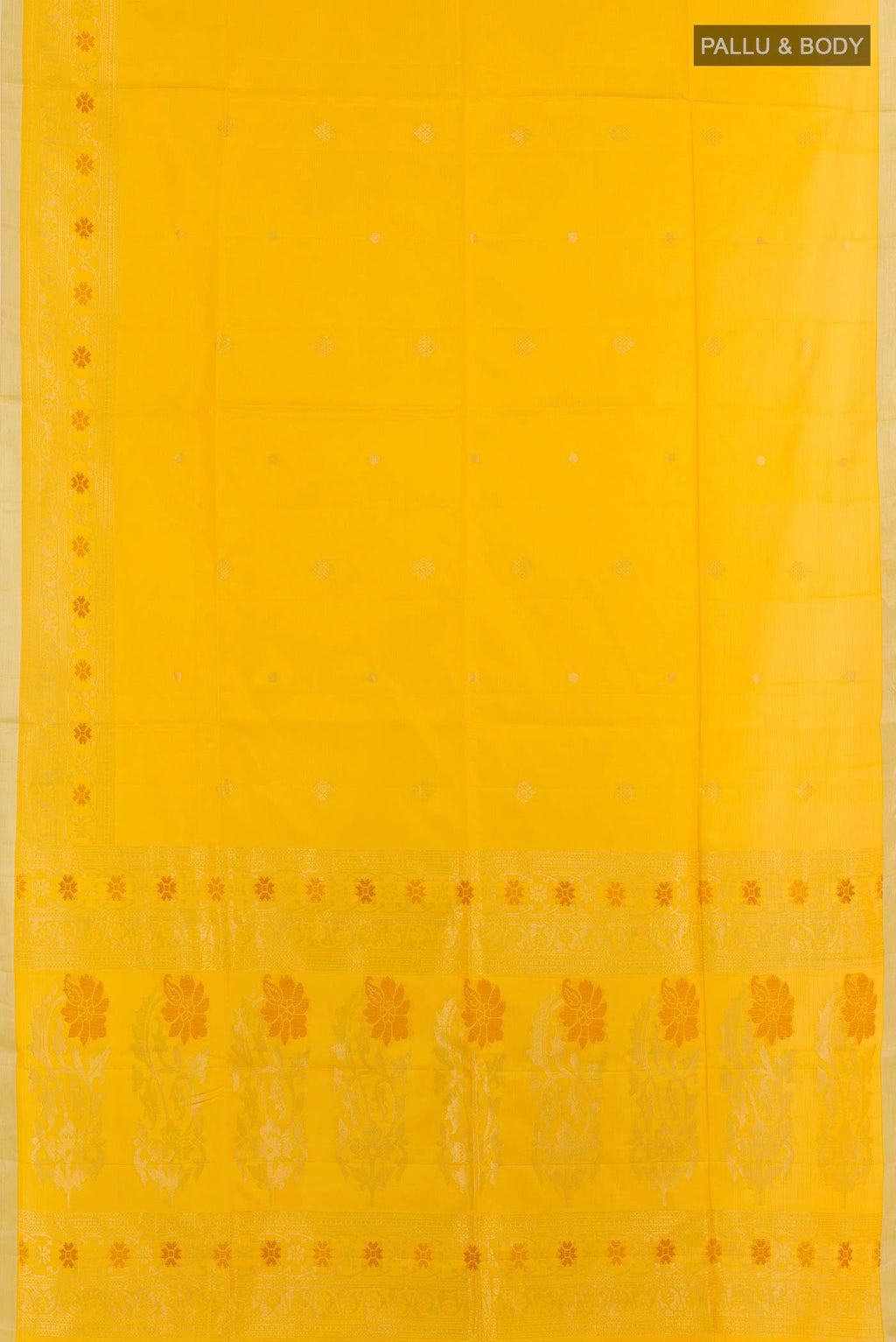 Flat view of Yellow Soft Silk Saree with Zari Butta on the body and Zari Border. 