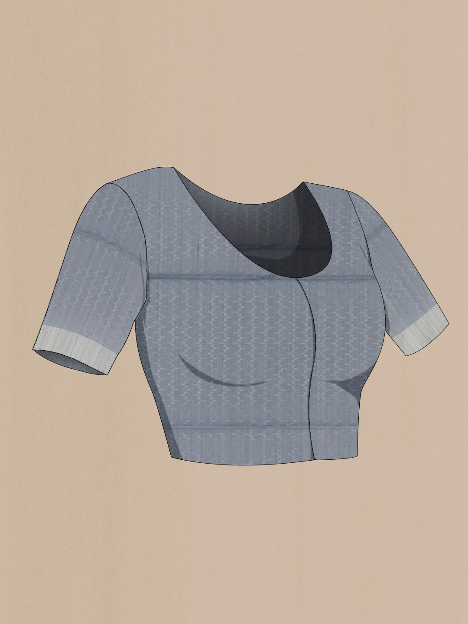 Close up image of the blouse of Grey Soft Silk Saree with Zari Butta on the body and Zari Border. 