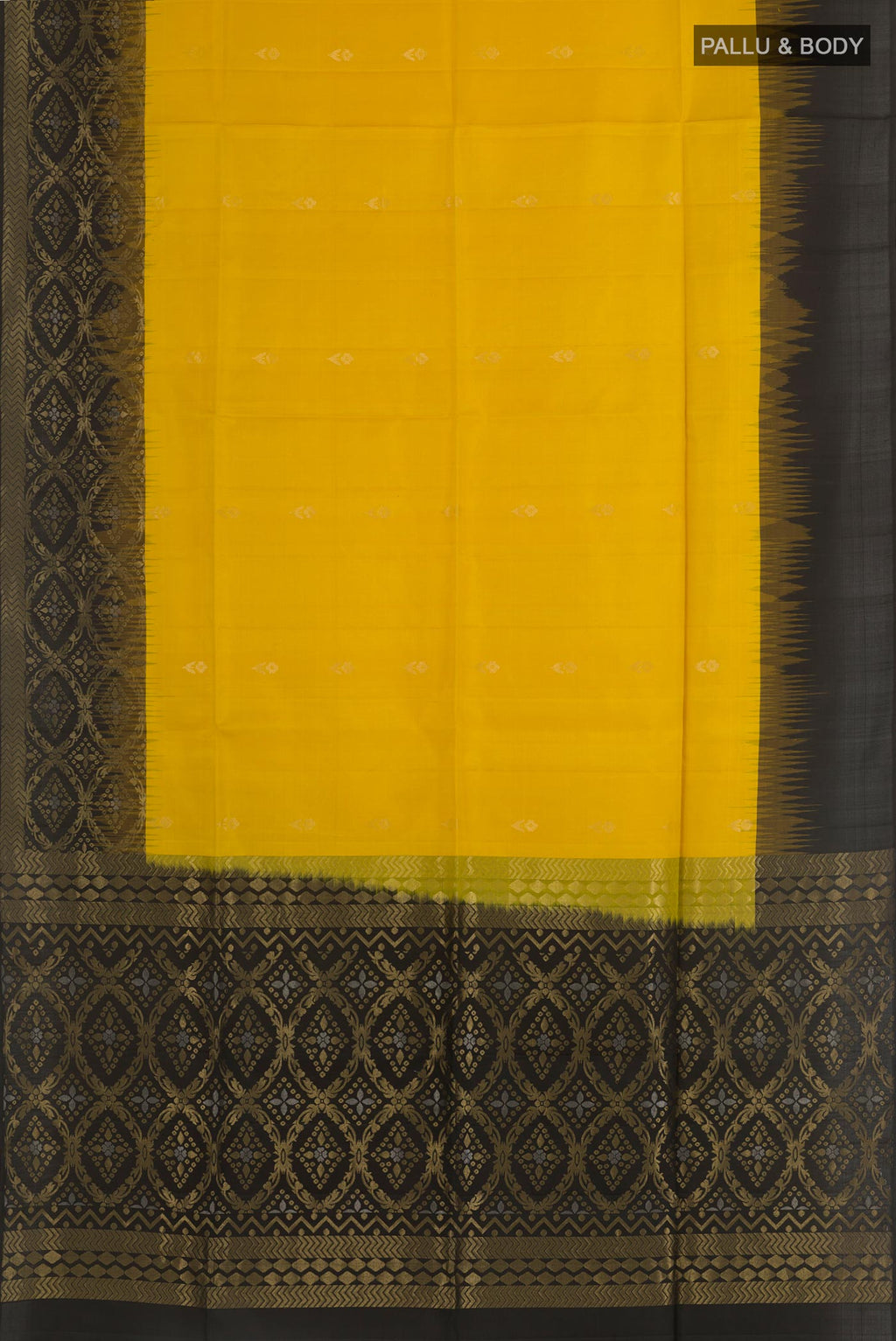 Flat view of Yellow Soft Silk Saree with Zari Butta on the body and Zari Border. 