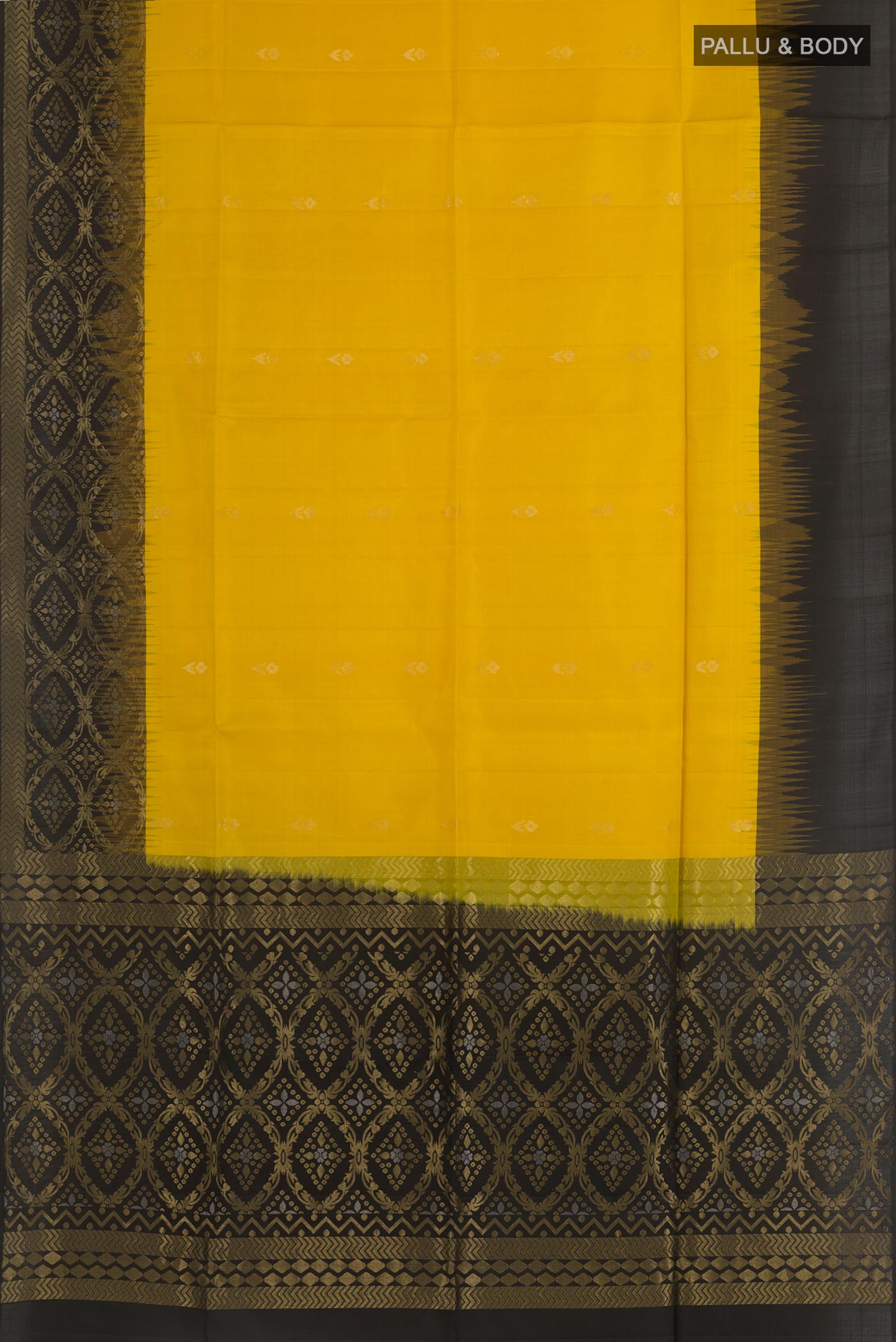 Flat view of Yellow Soft Silk Saree with Zari Butta on the body and Zari Border. 