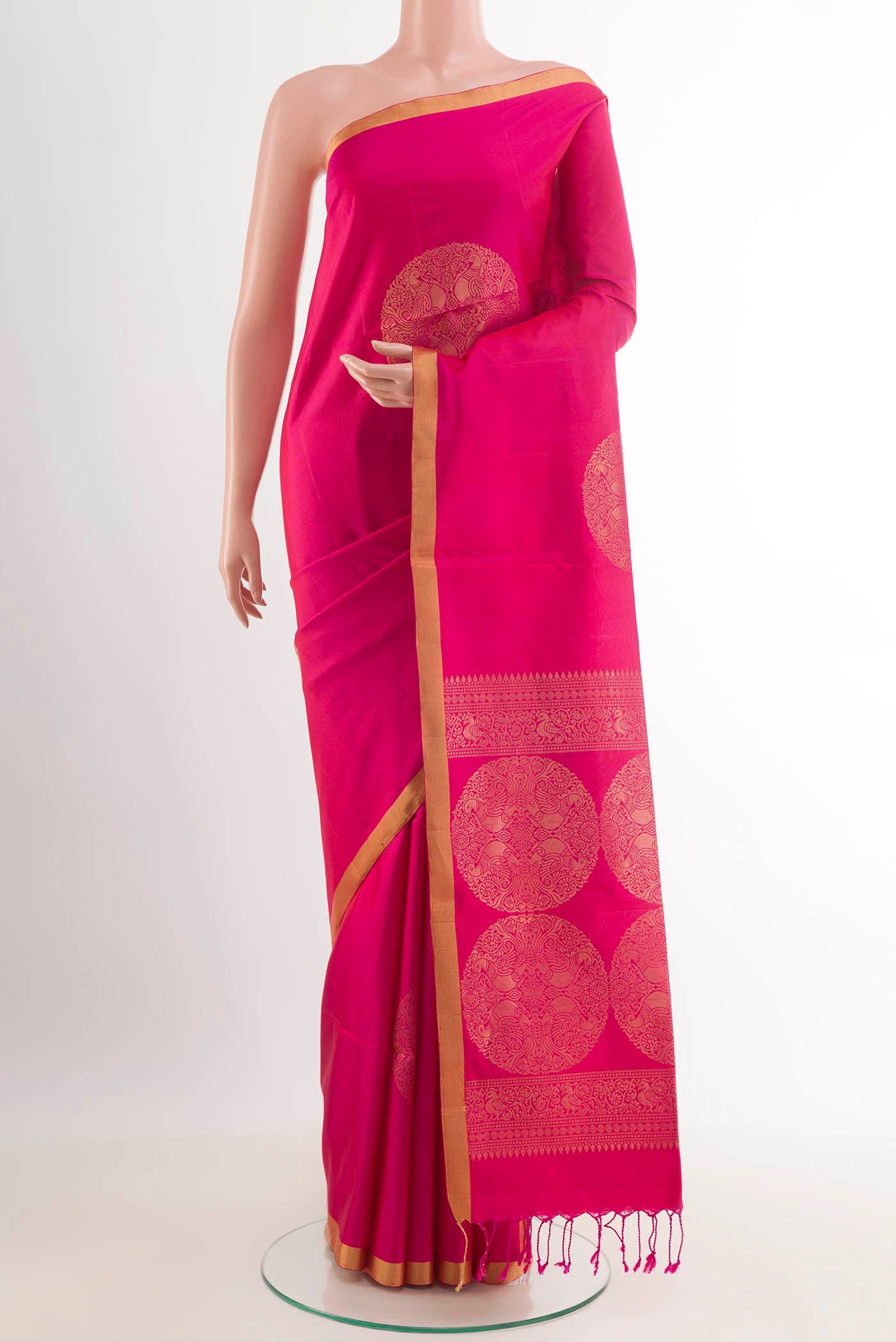 Pink Dual Tone Soft Silk Saree with Zari Butta on the body and Zari Border.  displayed on a mannequin