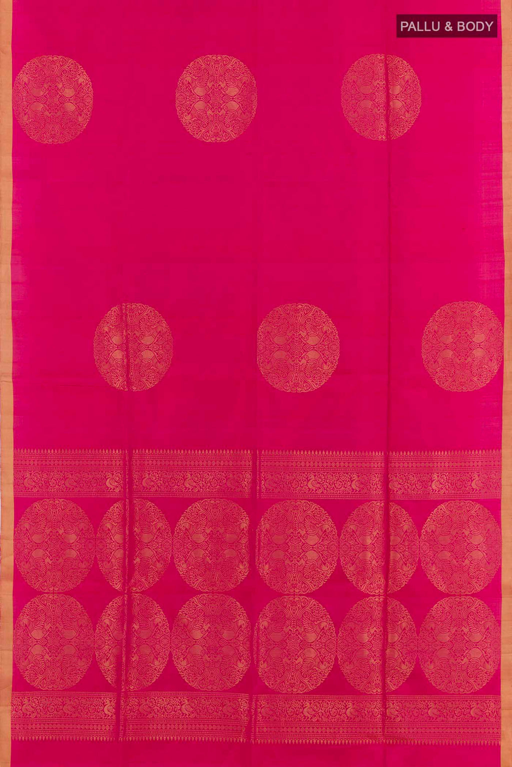 Flat view of Pink Dual Tone Soft Silk Saree with Zari Butta on the body and Zari Border. 