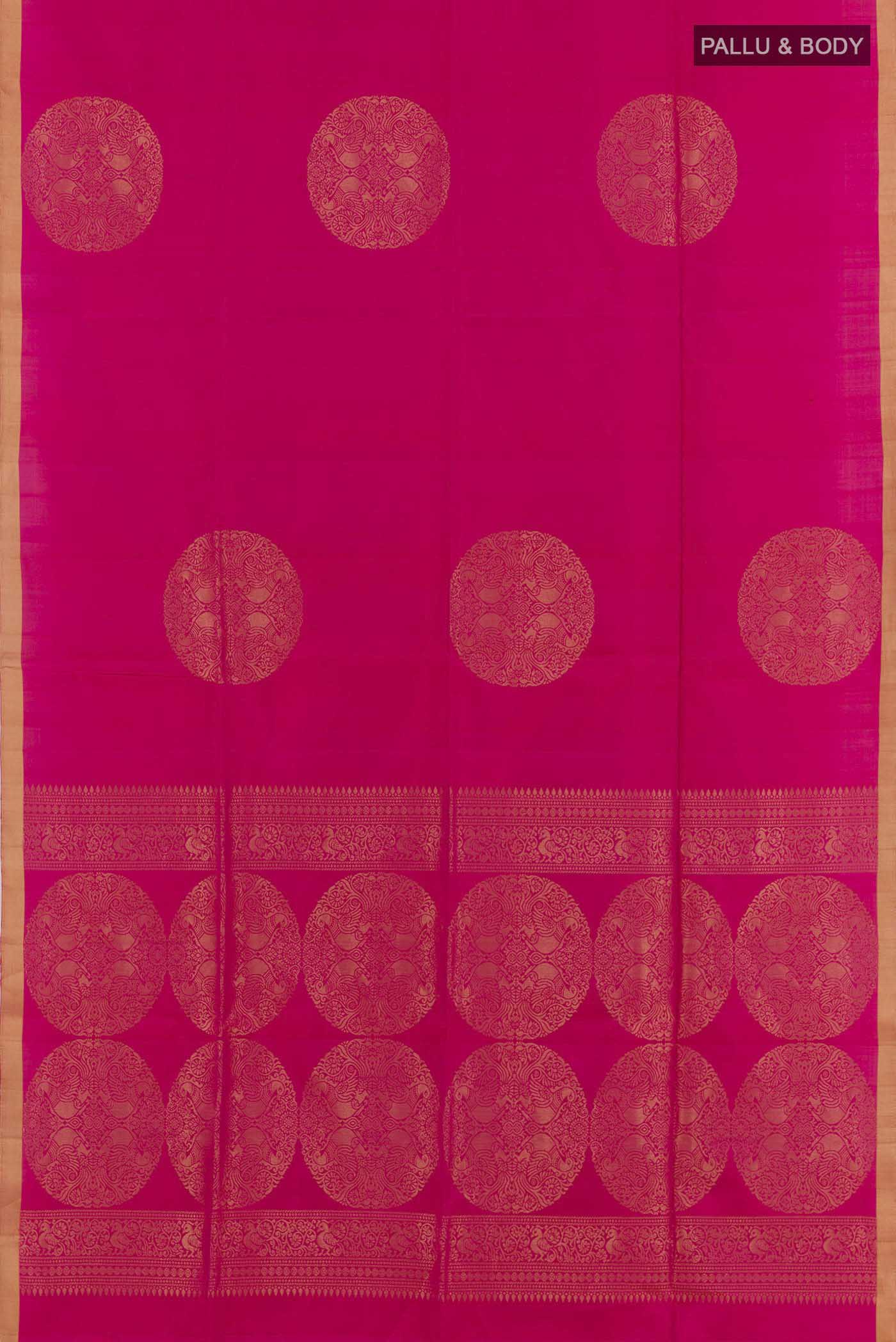 Flat view of Pink Dual Tone Soft Silk Saree with Zari Butta on the body and Zari Border. 
