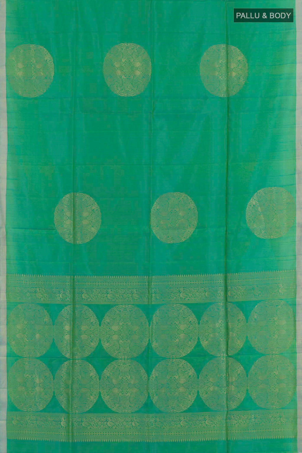 Flat view of Sea Green Soft Silk Saree with Zari Butta on the body and Zari Border. 