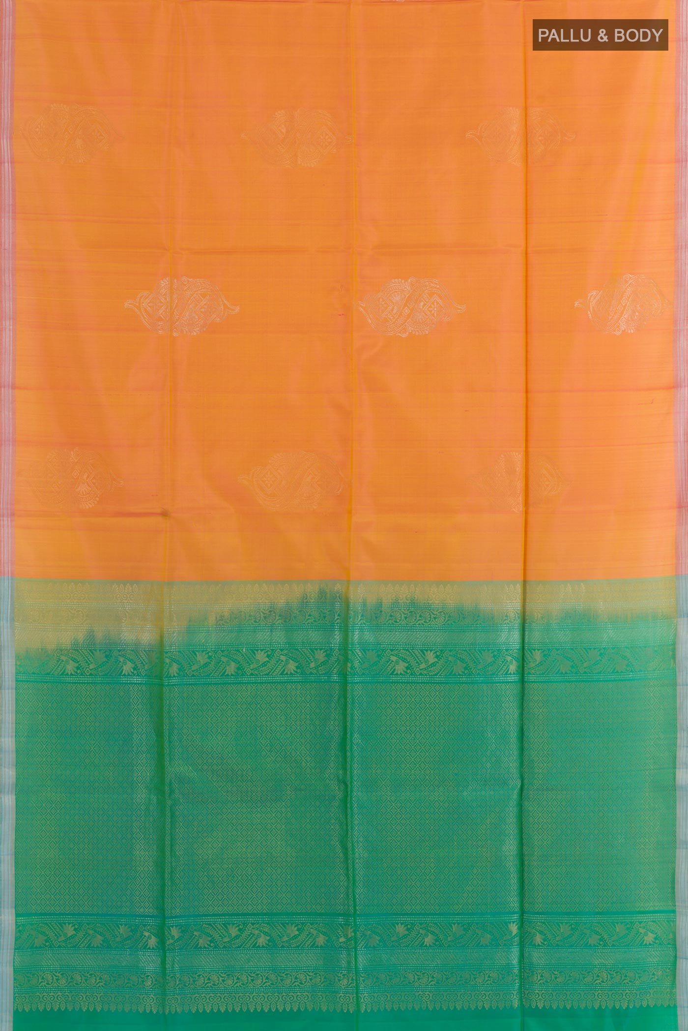 Flat view of Pinkish Yellow Dual Tone Soft Silk Saree with Zari Butta on the body and Zari Border. 