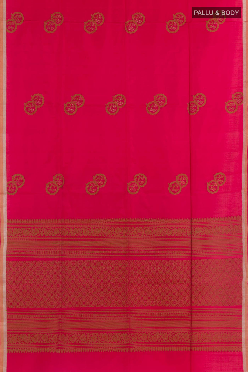 Flat view of Pink Soft Silk Saree with Thread Butta on the body and Zari Border. 