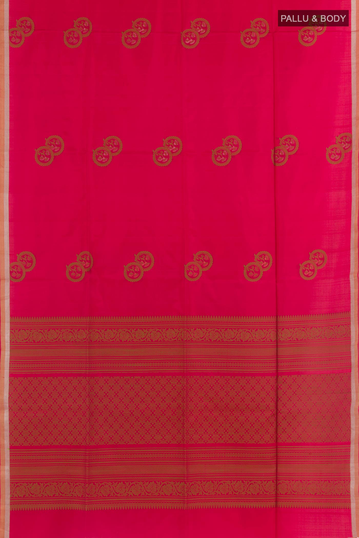 Flat view of Pink Soft Silk Saree with Thread Butta on the body and Zari Border. 