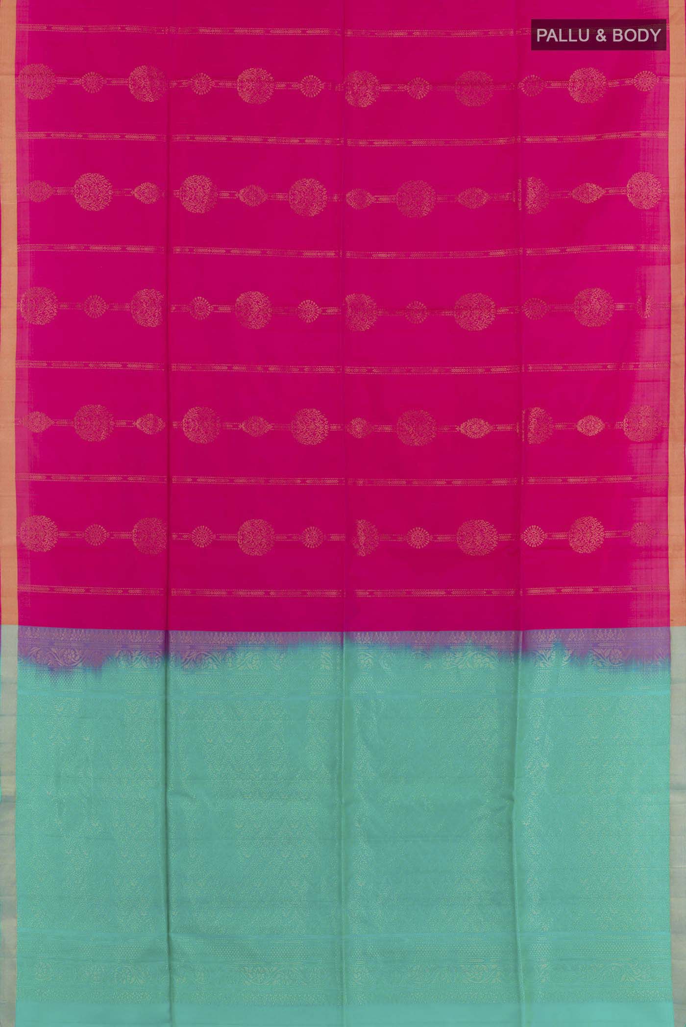Flat view of Pink Soft Silk Saree with Zari Butta on the body and Zari Border. 
