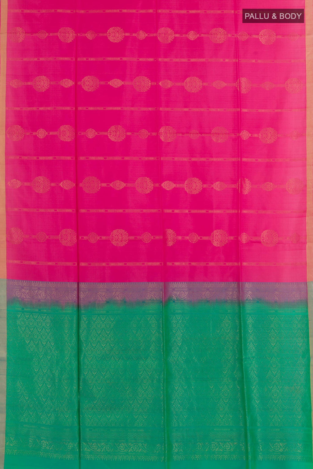 Flat view of Sea Green Soft Silk Saree with Zari Butta on the body and Zari Border. 