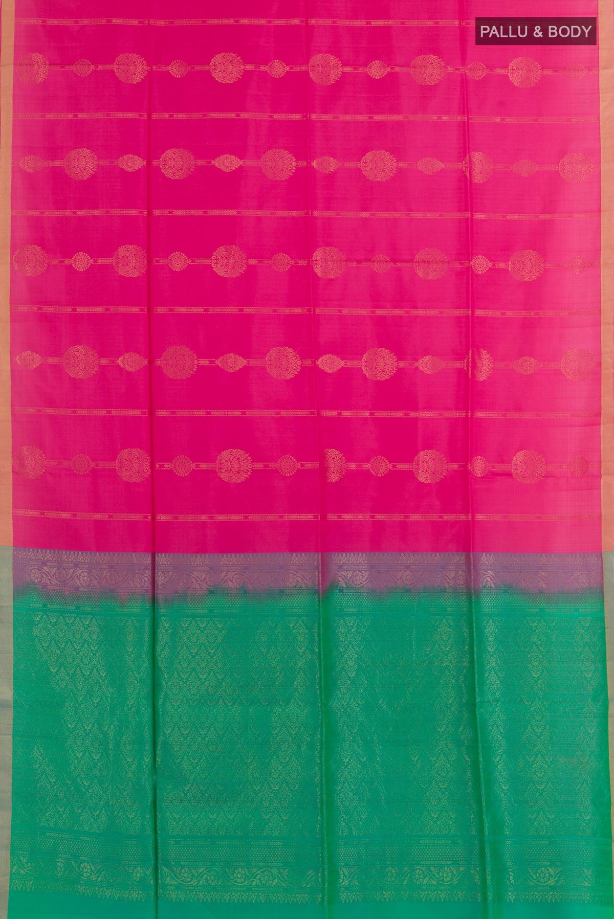 Flat view of Sea Green Soft Silk Saree with Zari Butta on the body and Zari Border. 