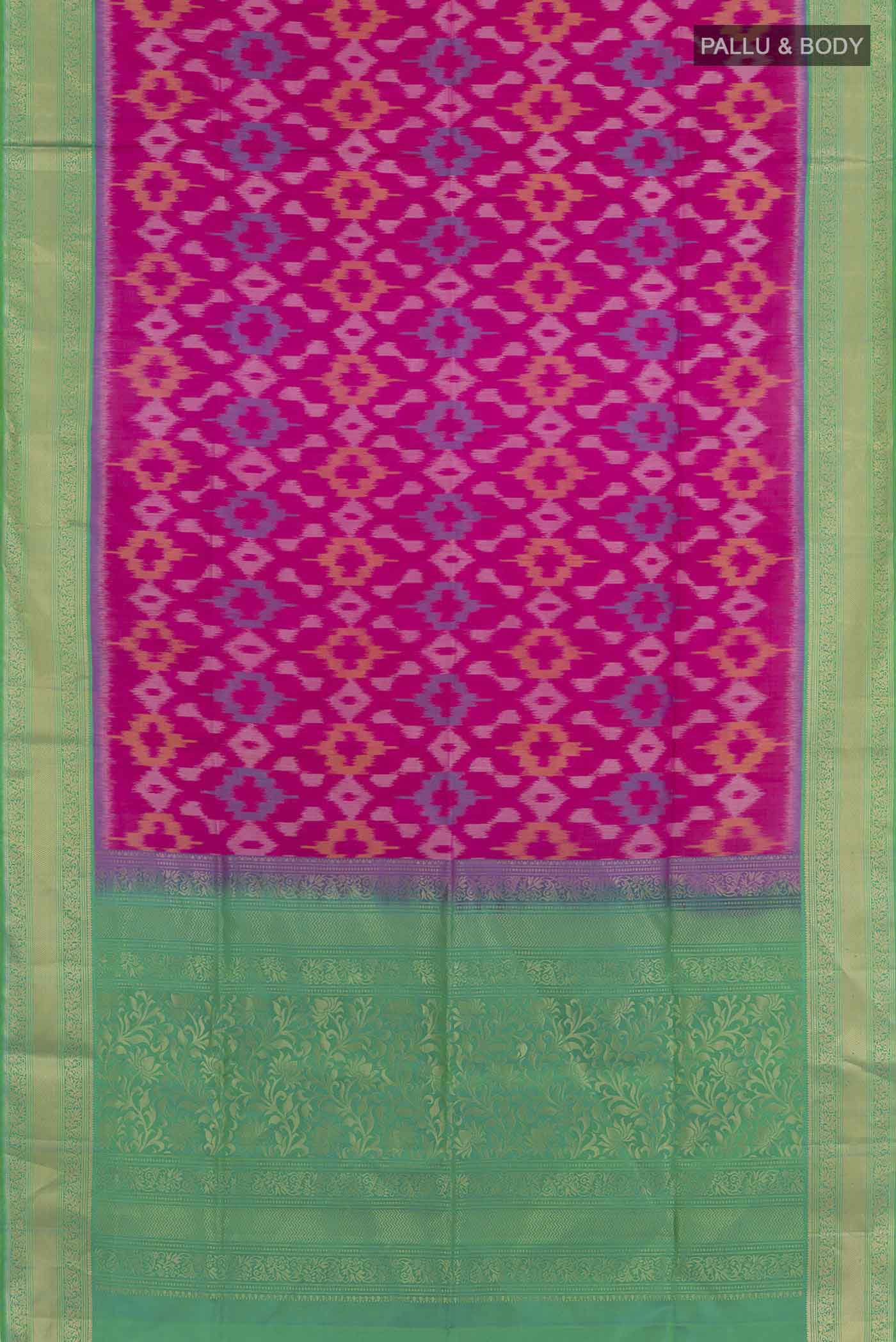 Flat view of Pink Soft Silk Saree with Ikat design on the body and Zari Border. 