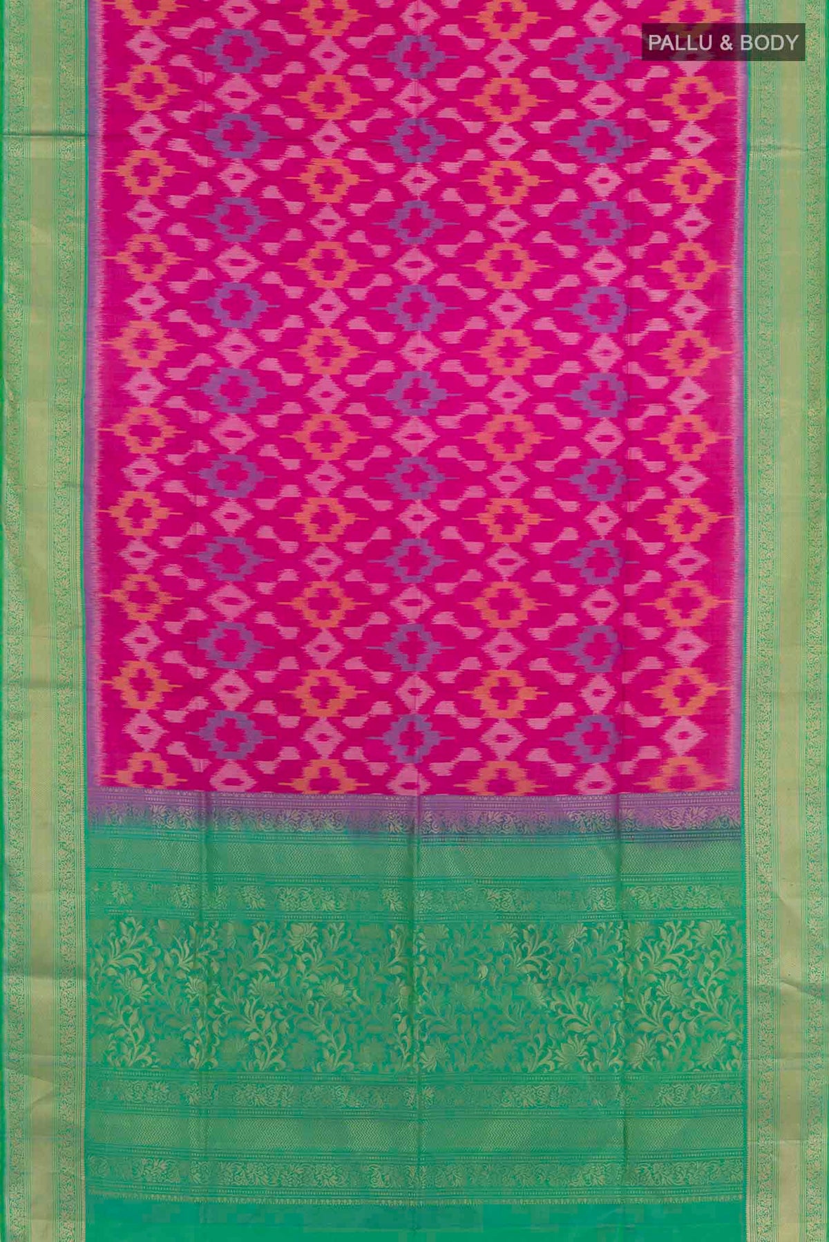 Flat view of Pink Soft Silk Saree with Ikat design on the body and Zari Border. 