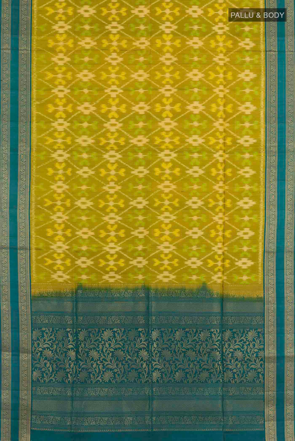 Flat view of Mehandi Green Soft Silk Saree with Ikat design on the body and Zari Border. 