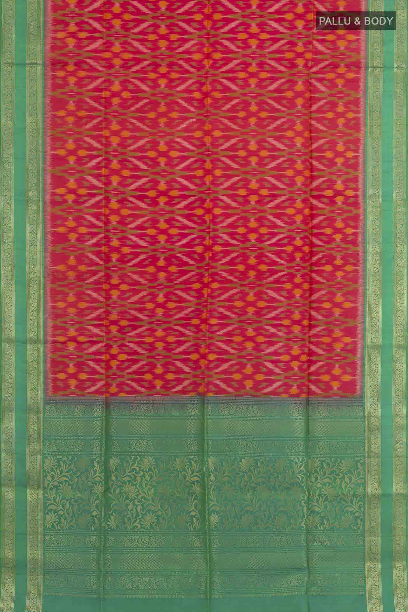 Flat view of Pink Dual Tone Soft Silk Saree with Pure Ikat on the body and Zari Border. 