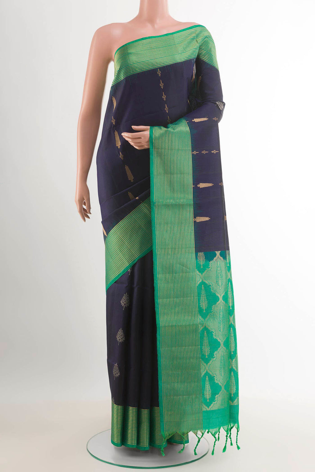 Dark Blue Dual Tone Soft Silk Saree with Zari Butta on the body and Zari Border.  displayed on a mannequin