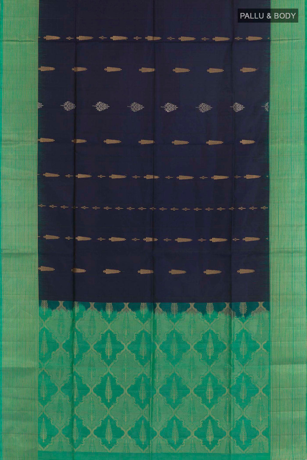 Flat view of Dark Blue Dual Tone Soft Silk Saree with Zari Butta on the body and Zari Border. 