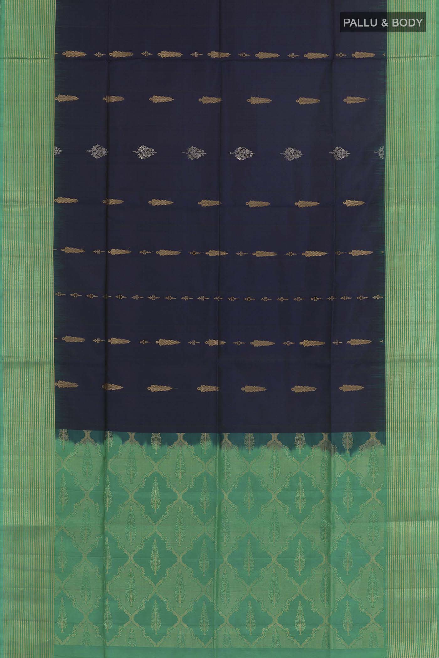 Flat view of Dark Blue Dual Tone Soft Silk Saree with Zari Butta on the body and Zari Border. 
