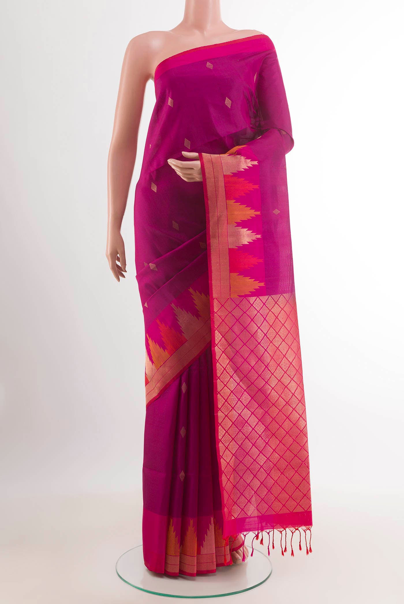 Purple Soft Silk Saree with Zari Butta on the body and Zari Border.  displayed on a mannequin
