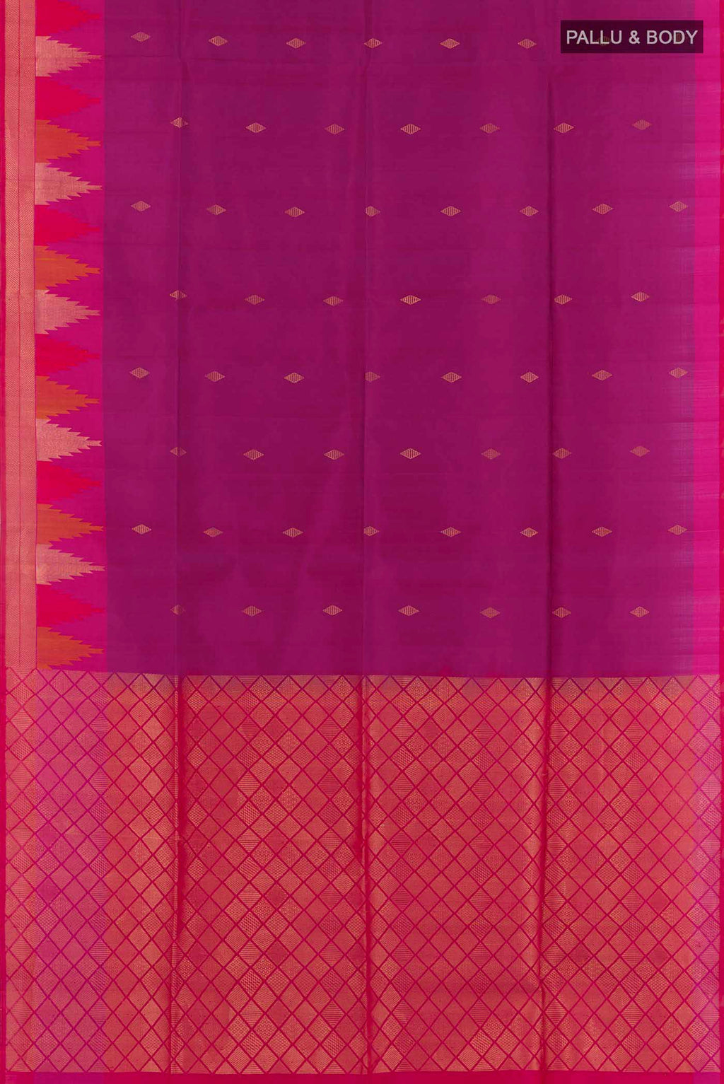Flat view of Purple Soft Silk Saree with Zari Butta on the body and Zari Border. 