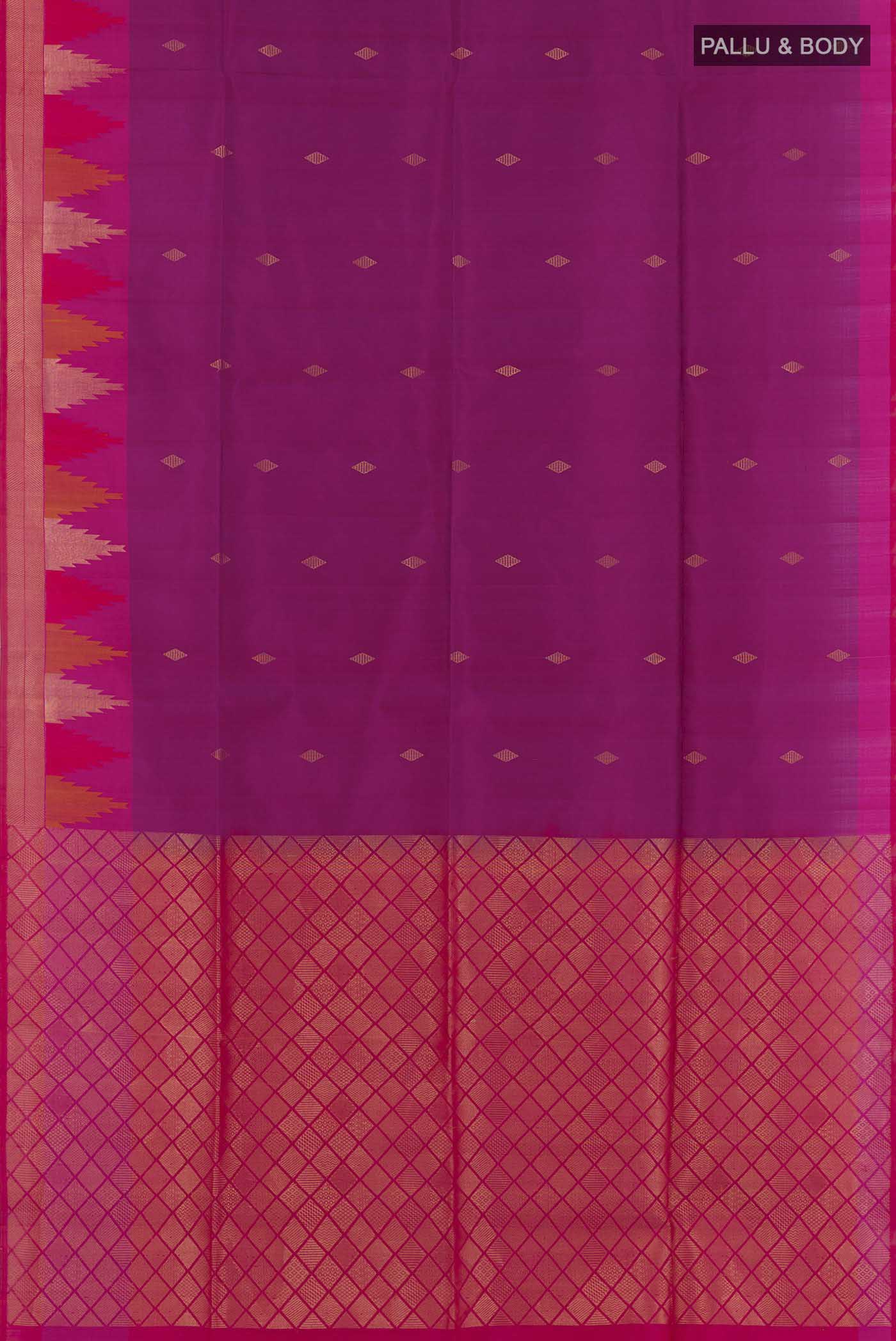 Flat view of Purple Soft Silk Saree with Zari Butta on the body and Zari Border. 