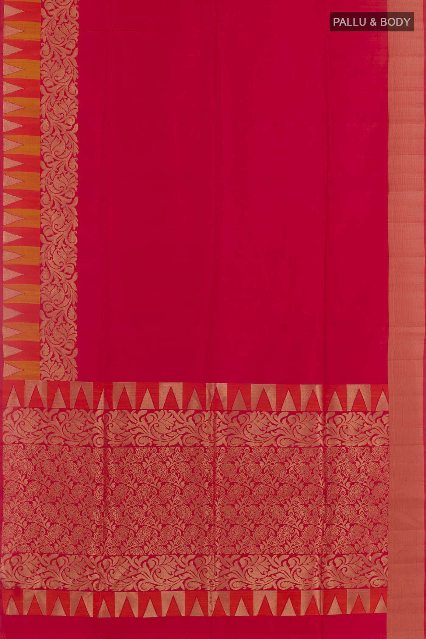 Flat view of Red Soft Silk Saree with Plain Body and Zari Border. 