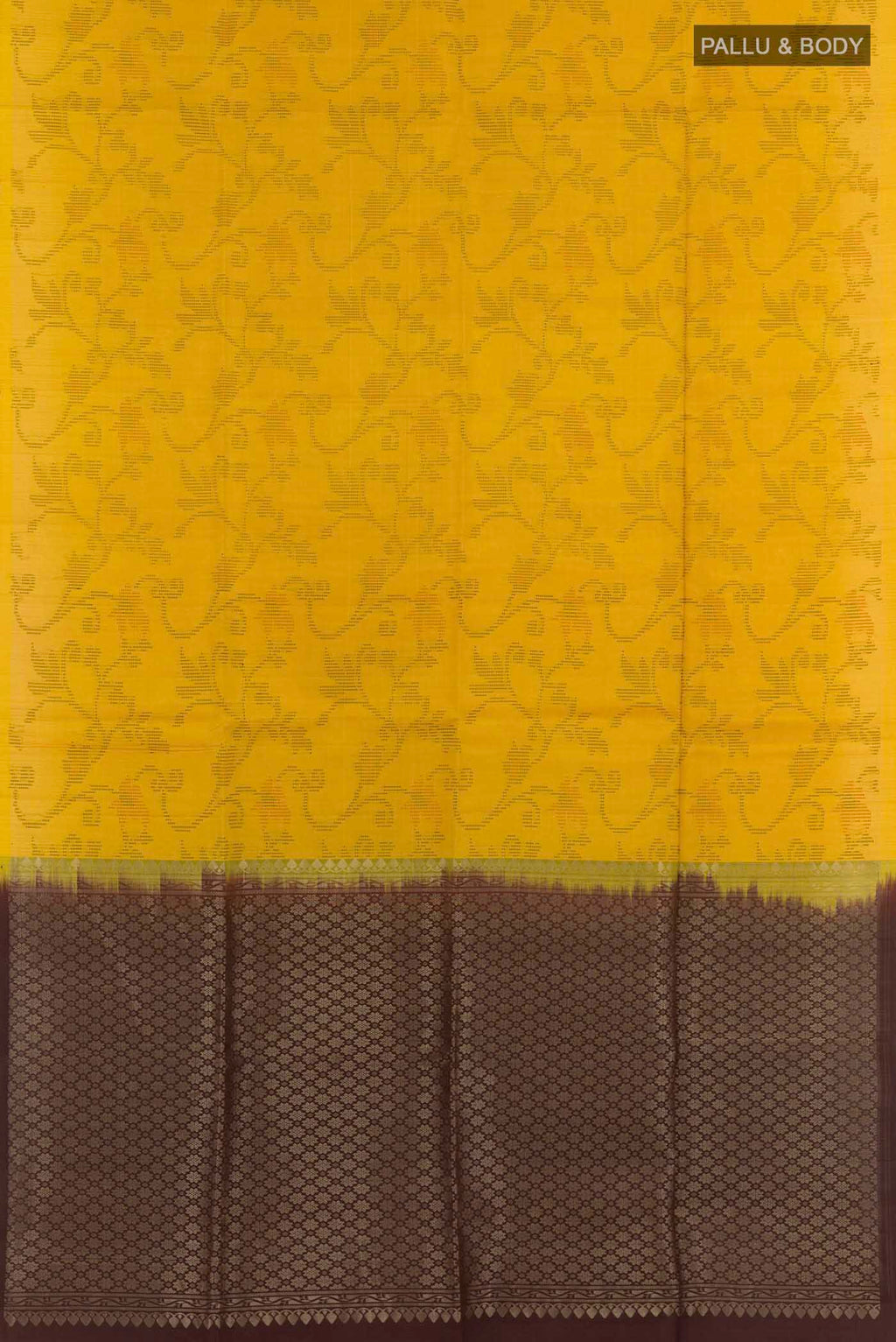 Flat view of Yellow Soft Silk Saree with Jacquard design on the body and Zari Border. 