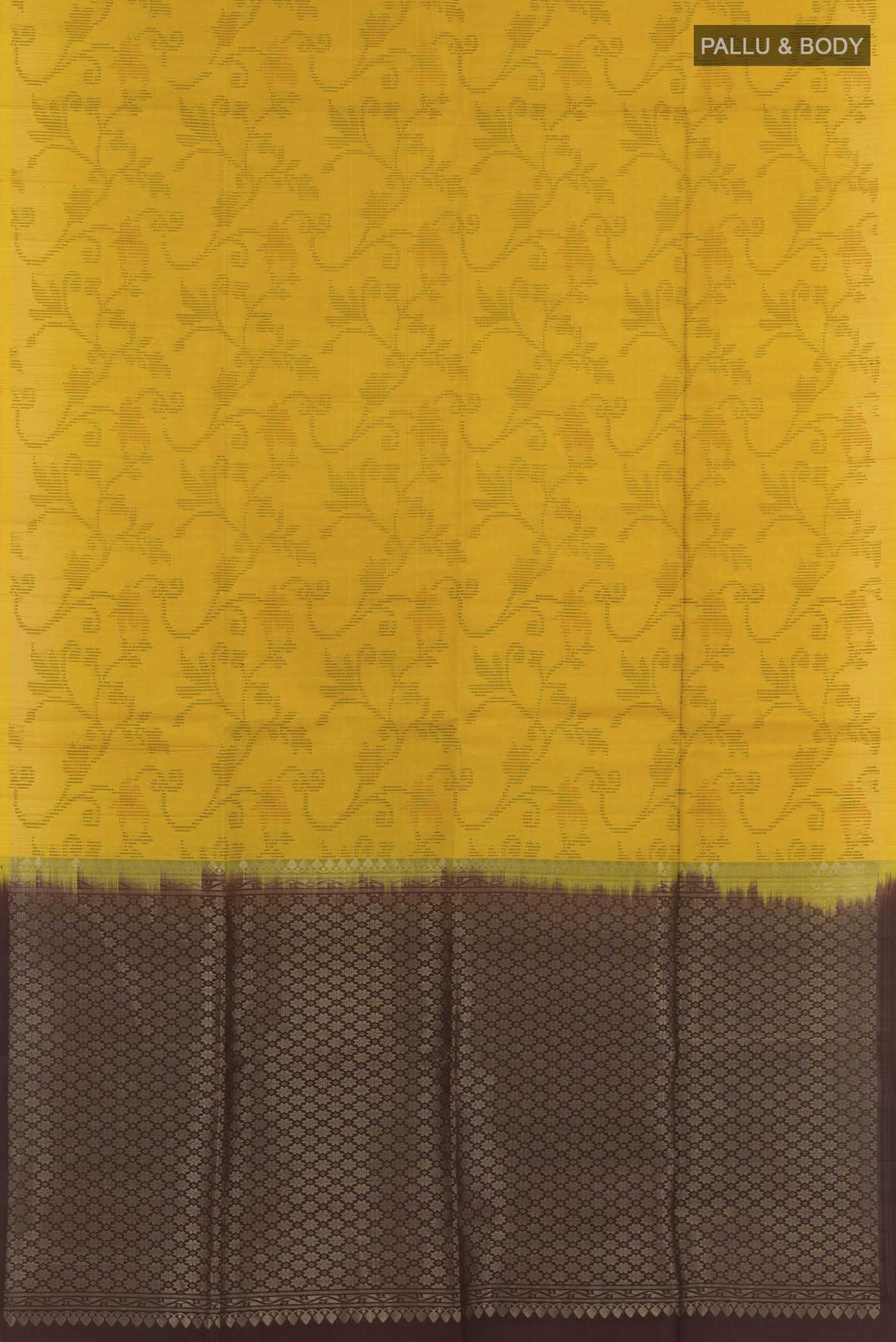 Flat view of Yellow Soft Silk Saree with Jacquard design on the body and Zari Border. 
