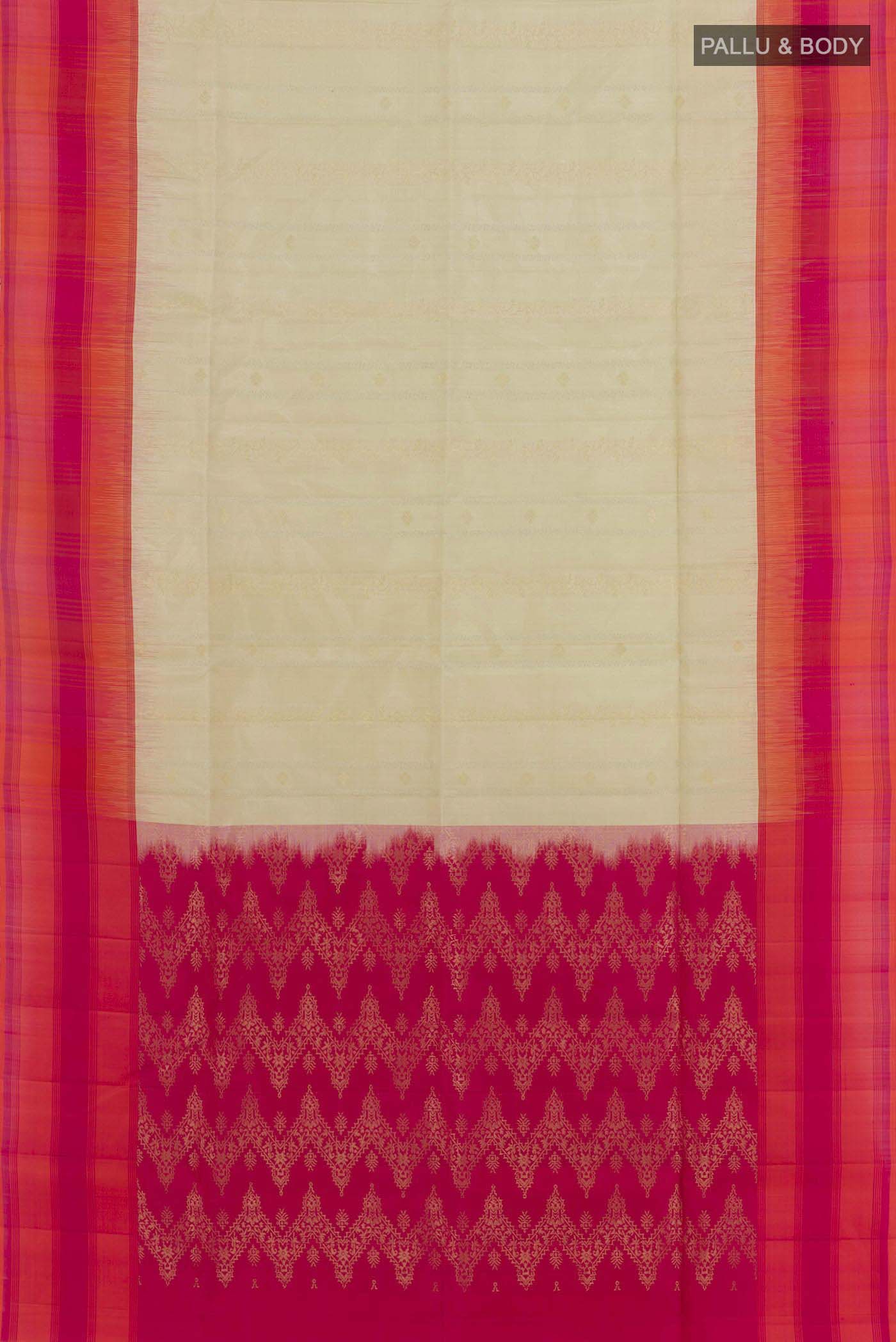 Flat view of Off White Soft Silk Saree with Zari Butta on the body and Checks Border. 