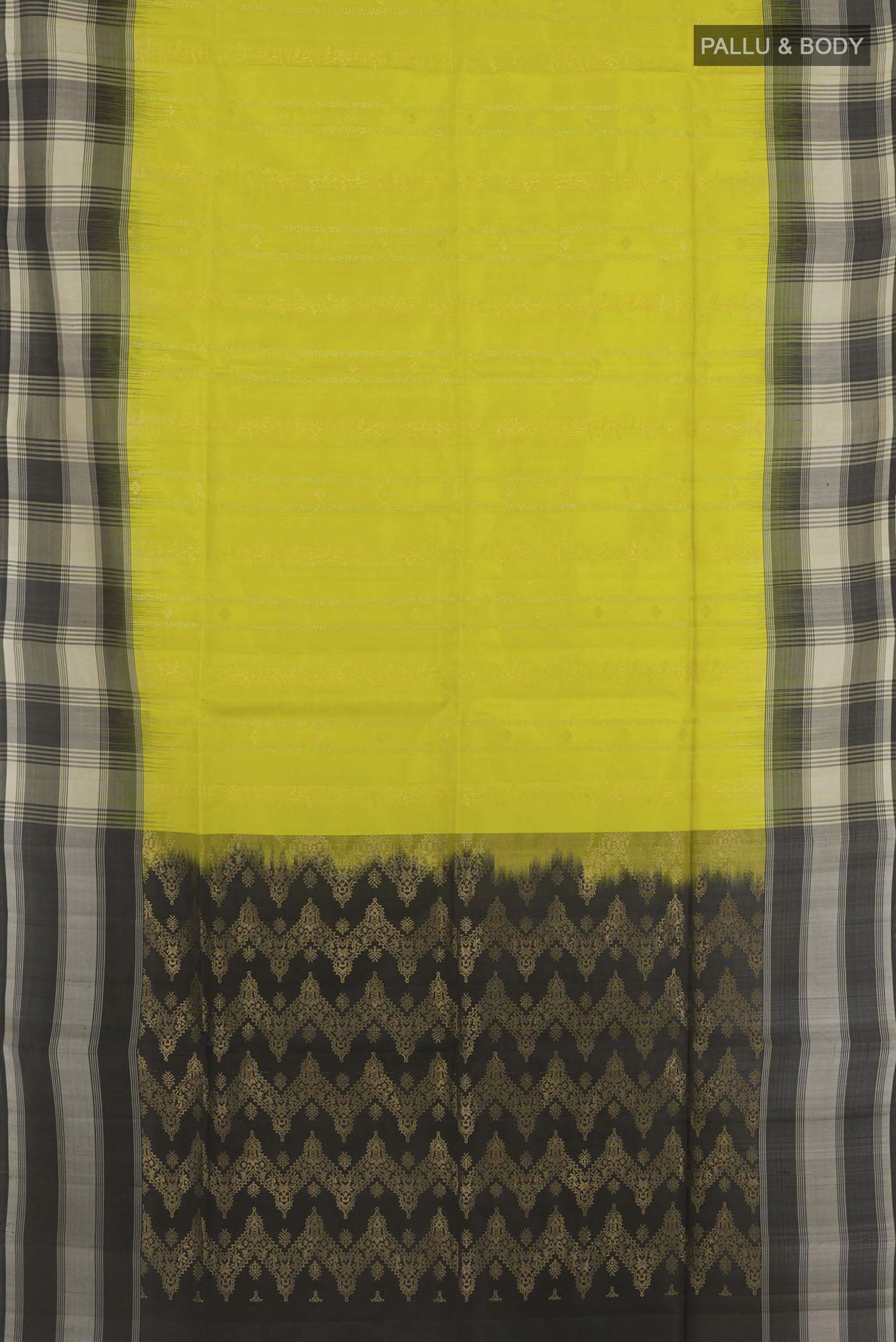 Flat view of Yellow Soft Silk Saree with Zari Butta on the body and Zari Border. 