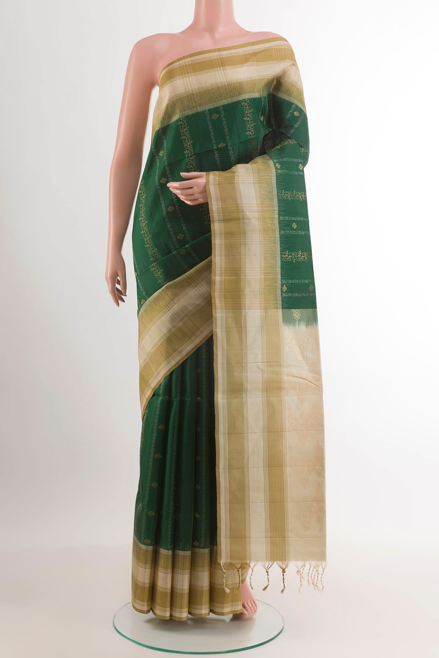 Bottle Green Soft Silk Saree with Checked design on the body and Checks Border.  displayed on a mannequin