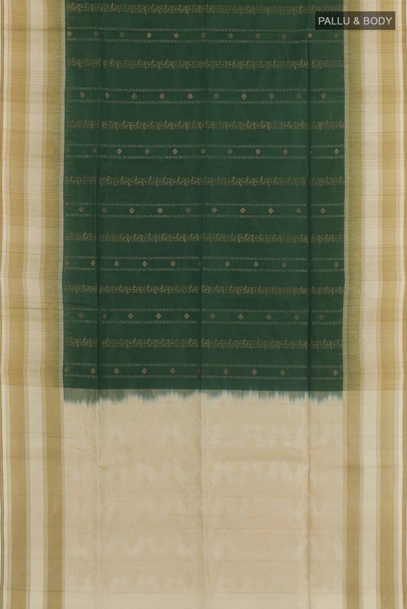 Flat view of Bottle Green Soft Silk Saree with Checked design on the body and Checks Border. 