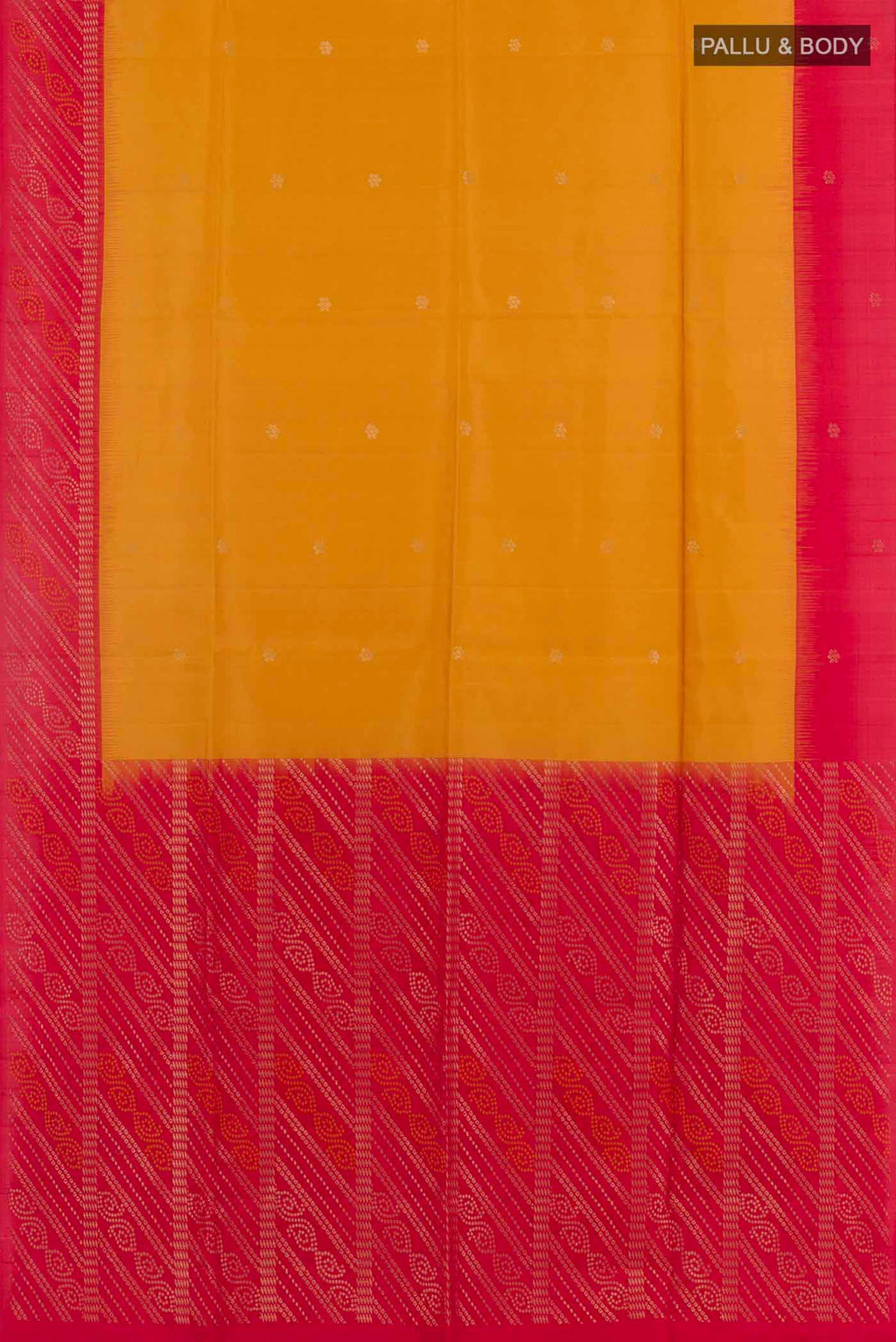 Flat view of Yellow Soft Silk Saree with Zari Butta on the body and Zari Border. 
