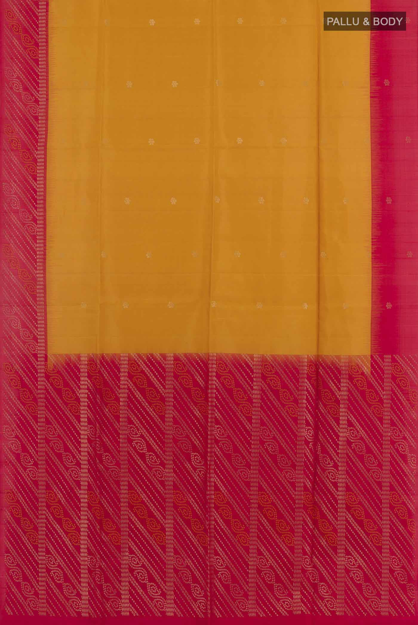 Flat view of Yellow Soft Silk Saree with Zari Butta on the body and Zari Border. 