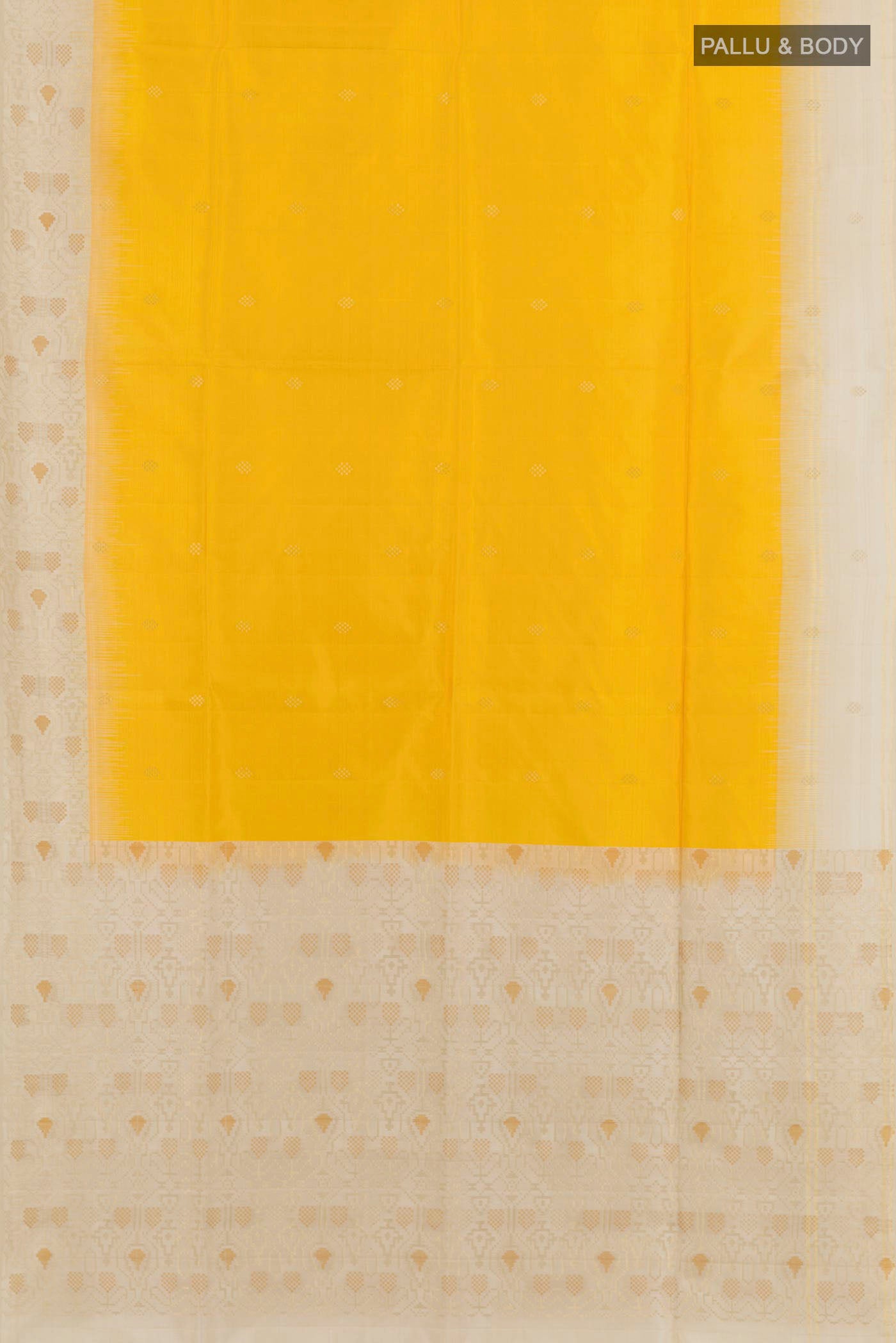 Flat view of Yellow Soft Silk Saree with Zari Butta on the body and Zari Border. 