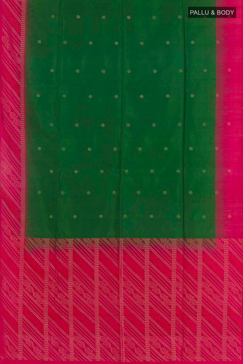 Flat view of Green Soft Silk Saree with Zari Butta on the body and Zari Border. 