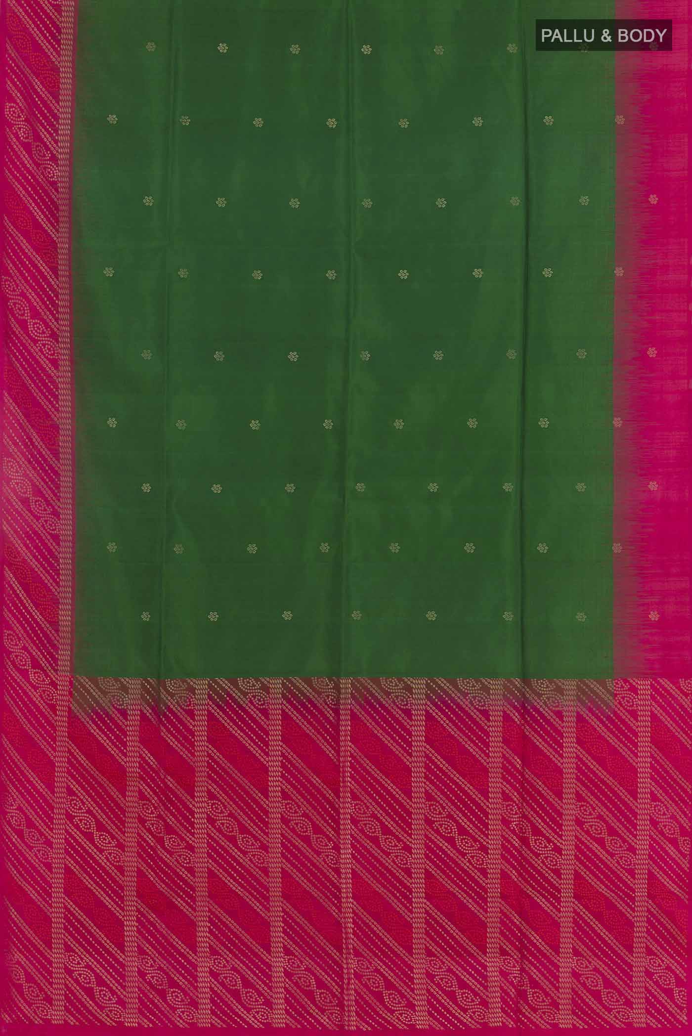 Flat view of Green Soft Silk Saree with Zari Butta on the body and Zari Border. 