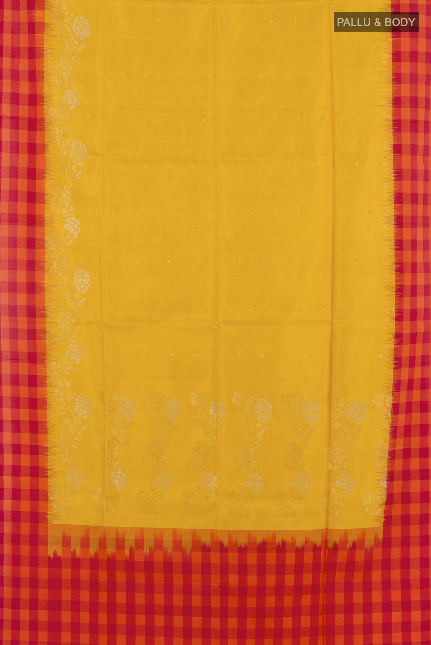 Flat view of Yellow Soft Silk Saree with Zari Butta on the body and Zari Border. 