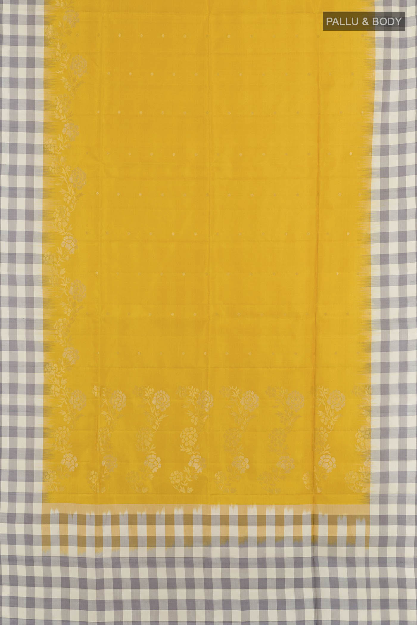 Flat view of Yellow Dual Tone Soft Silk Saree with Zari Butta on the body and Zari Border. 