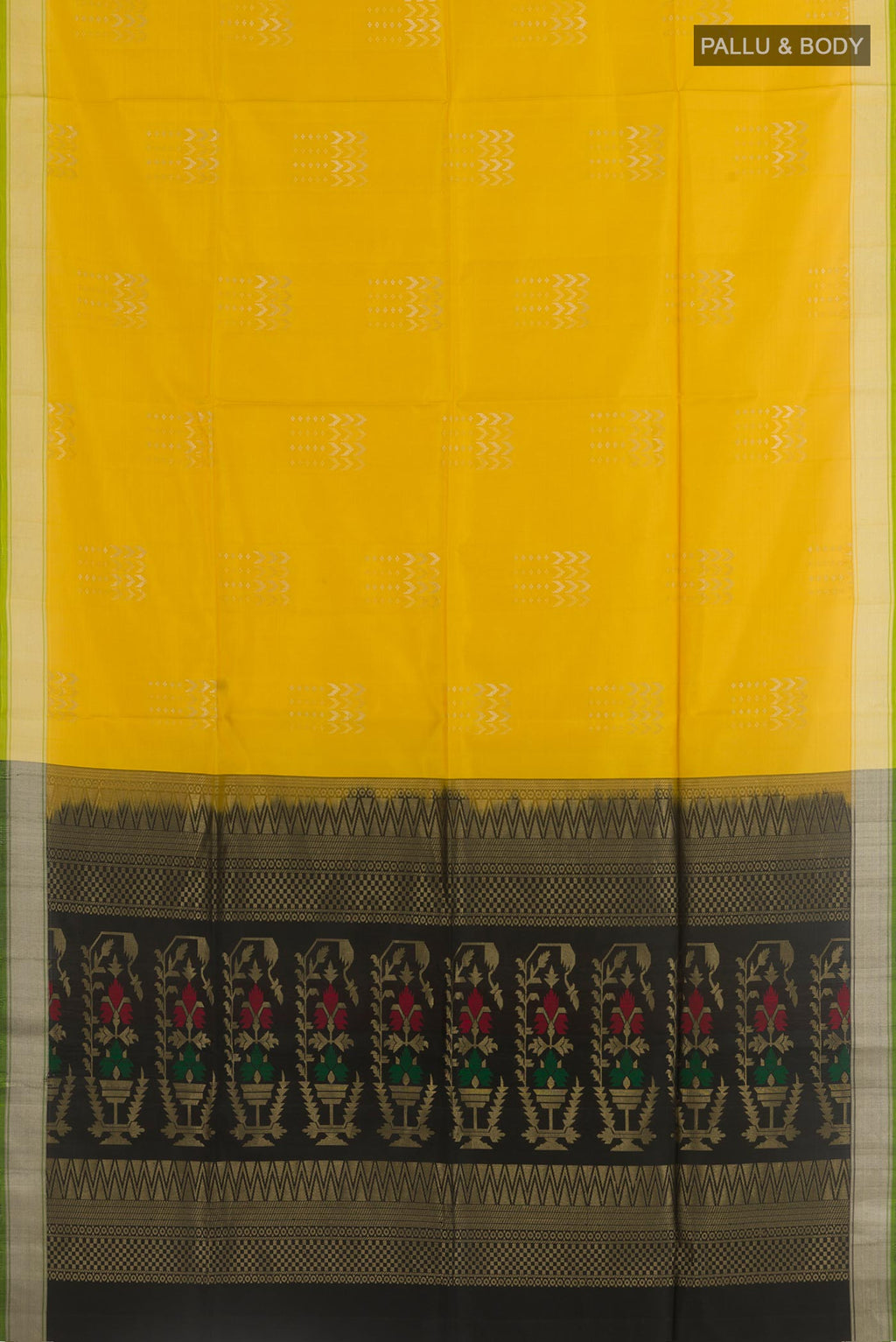 Flat view of Yellow Soft Silk Saree with Zari Butta on the body and Zari Border. 
