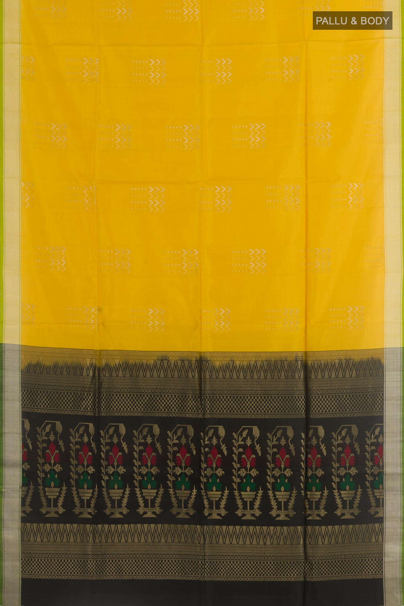 Flat view of Yellow Soft Silk Saree with Zari Butta on the body and Zari Border. 