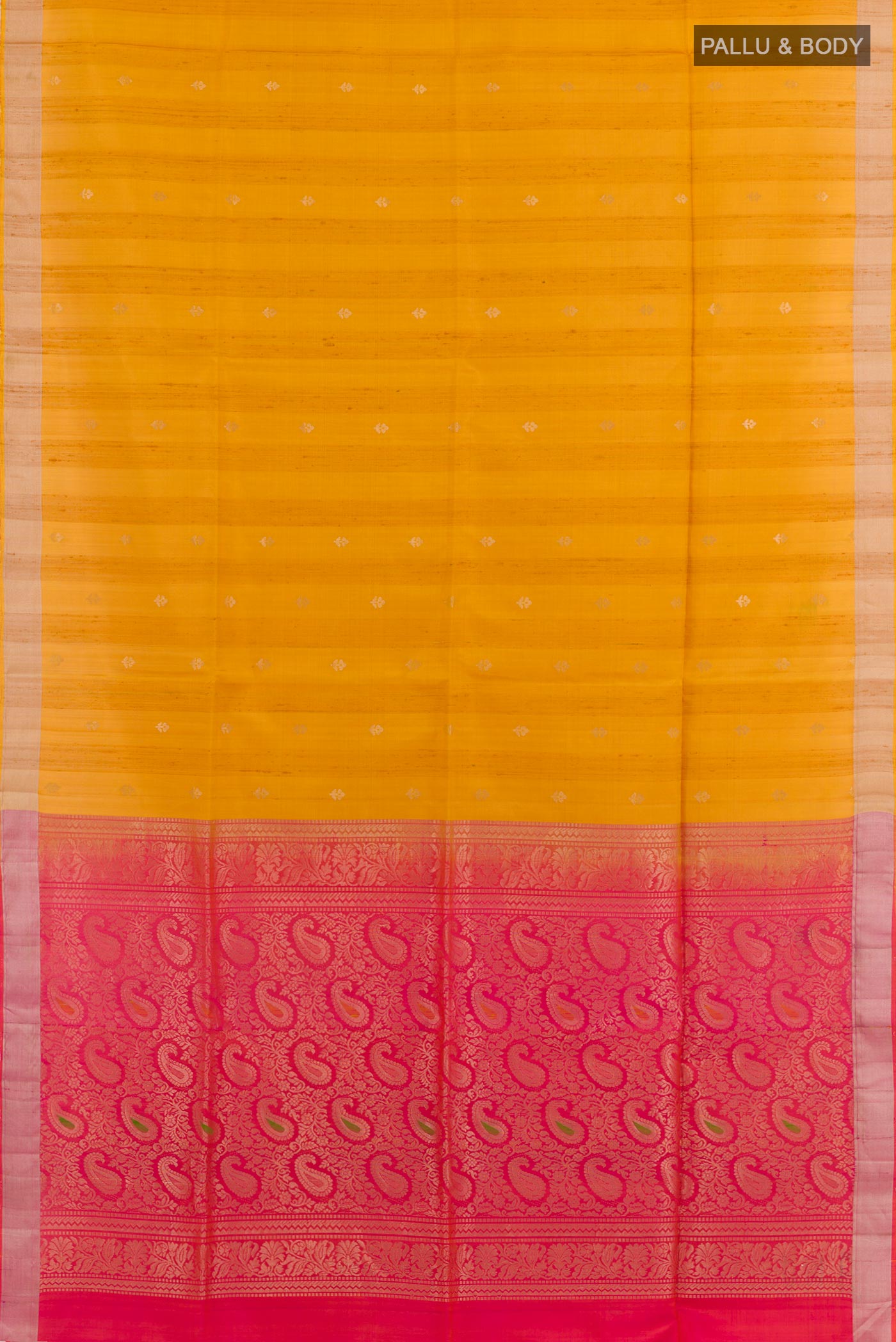 Flat view of Yellow Soft Silk Saree with Zari Butta on the body and Zari Border. 