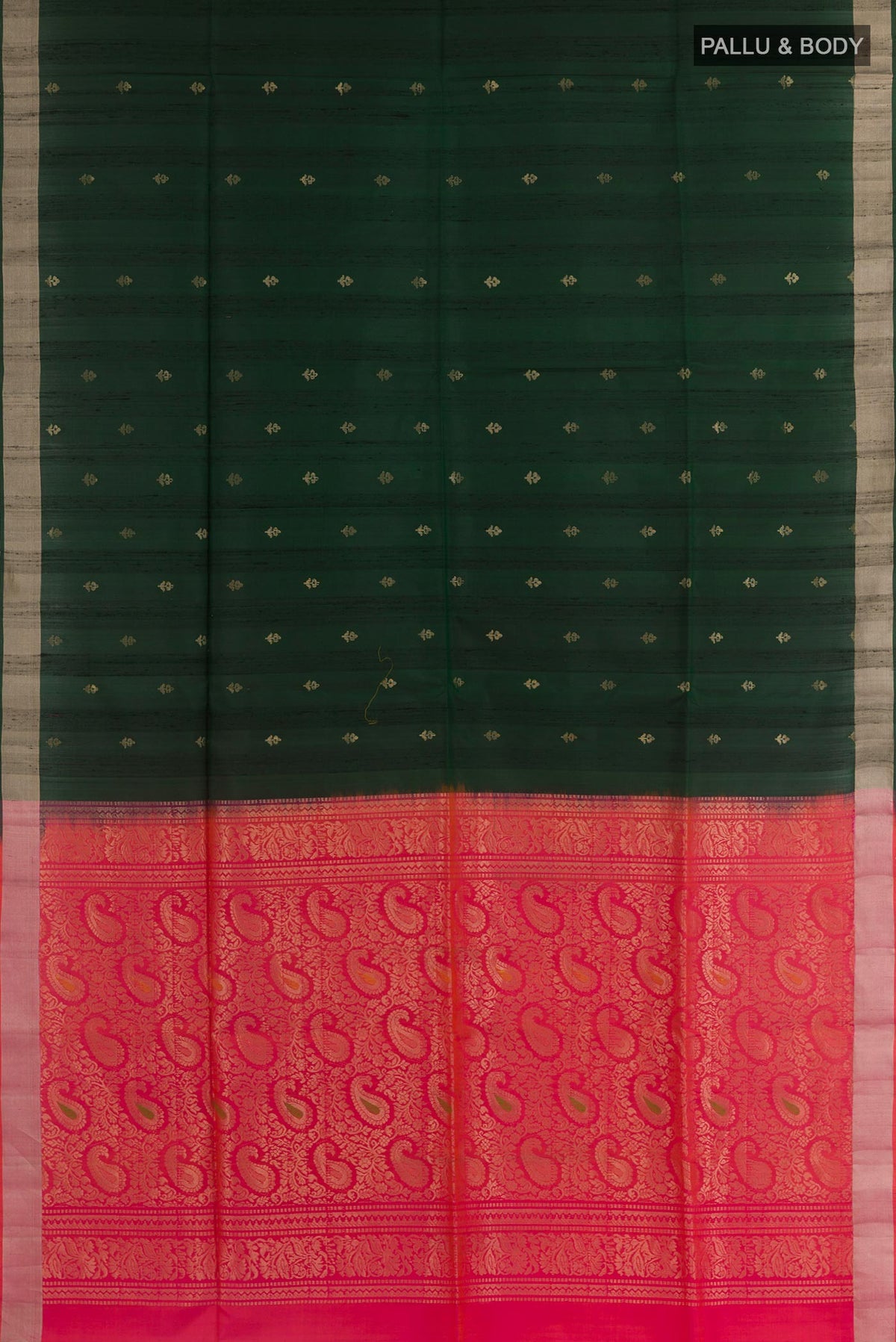 Flat view of Bottle Green Kanjivaram Silk Saree with Zari Butta on the body and Zari Border. 