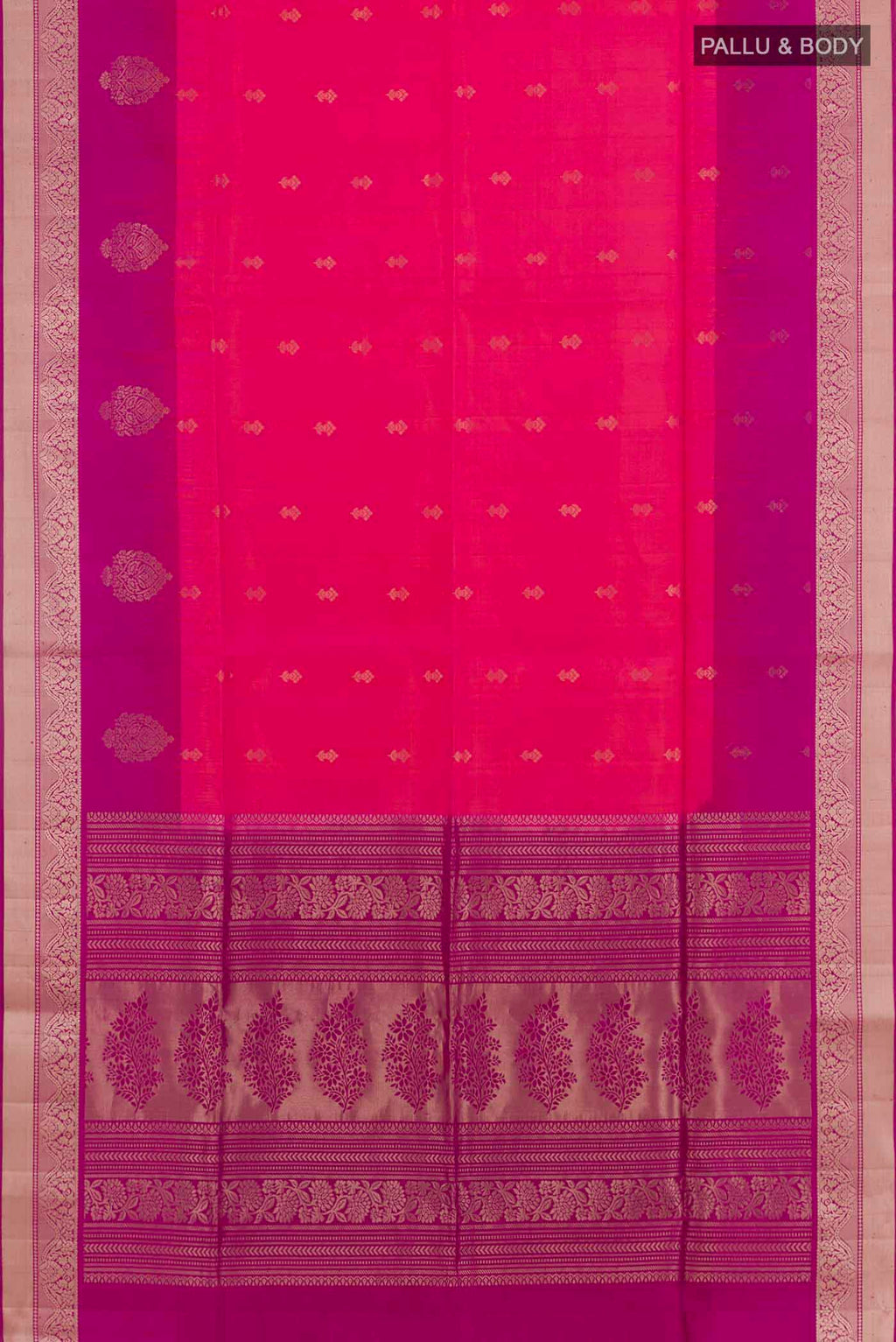 Flat view of Pink Soft Silk Saree with Zari Butta on the body and Zari Border. 