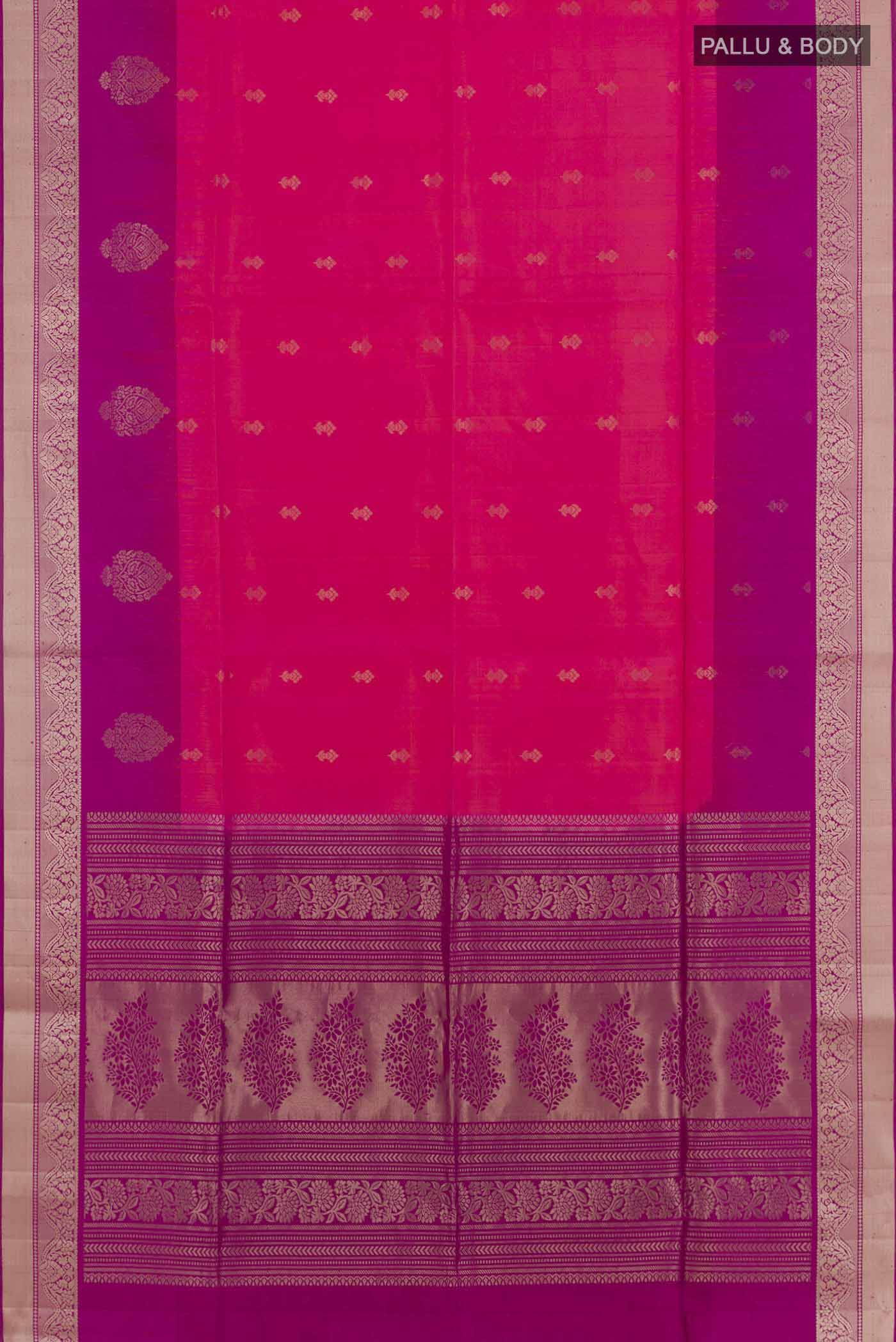 Flat view of Pink Soft Silk Saree with Zari Butta on the body and Zari Border. 