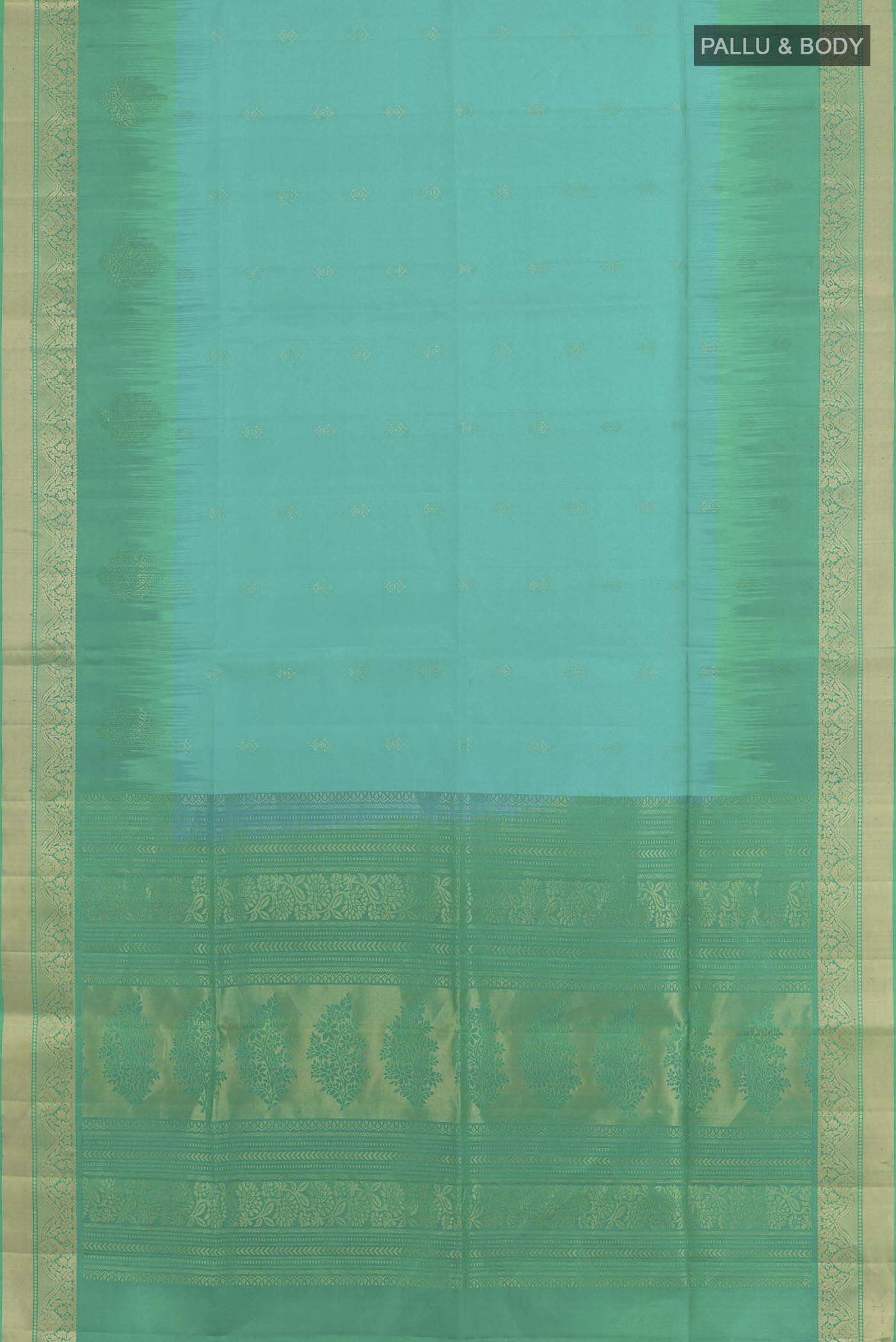 Flat view of Sky Blue Soft Silk Saree with Zari Butta on the body and Zari Border. 