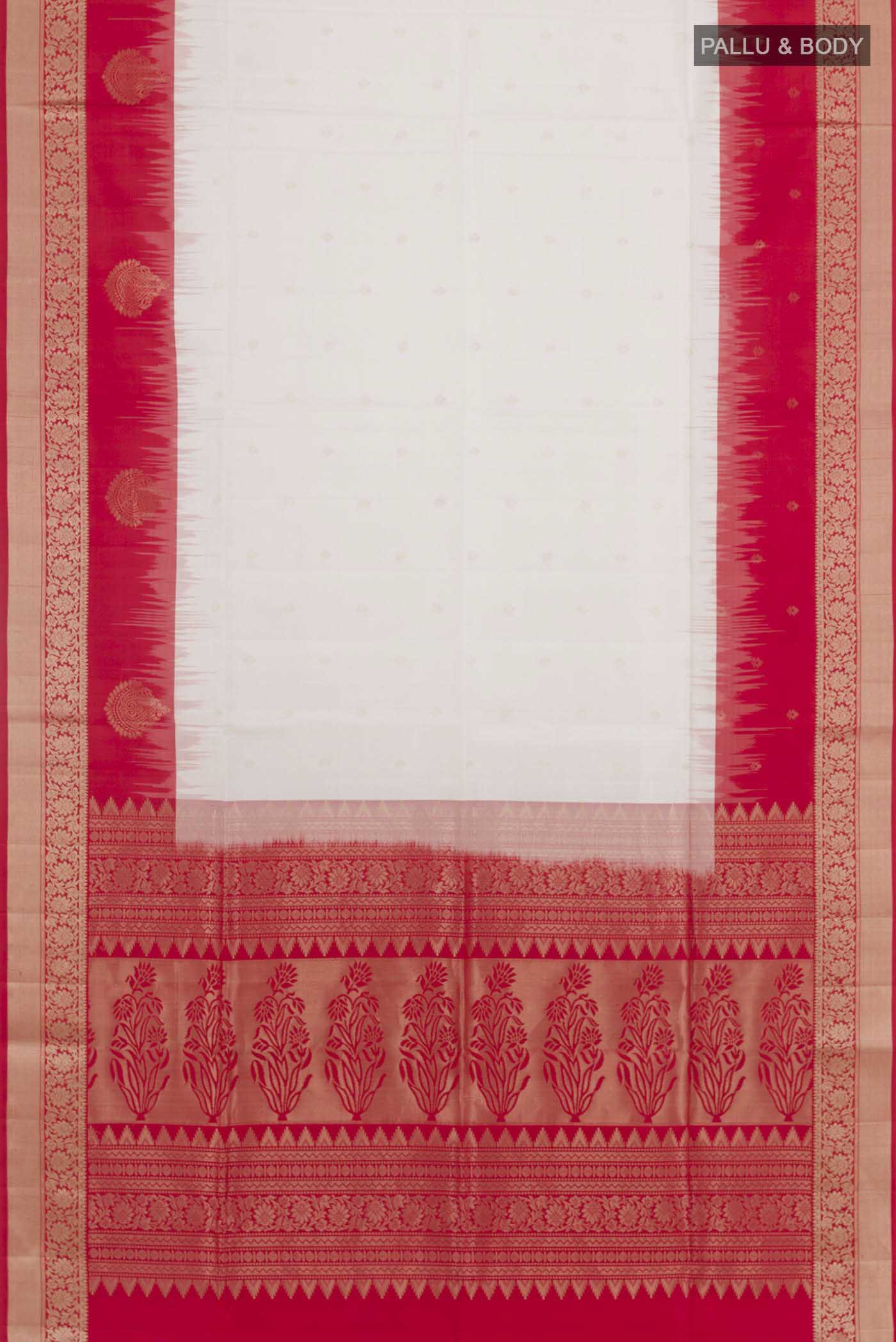 Flat view of Off White Soft Silk Saree with Zari Butta on the body and Zari Border. 