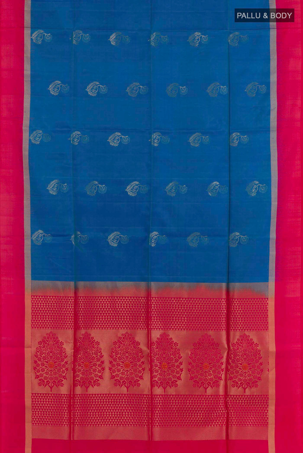 Flat view of Blue Soft Silk Saree with Zari Butta on the body and Zari Border. 
