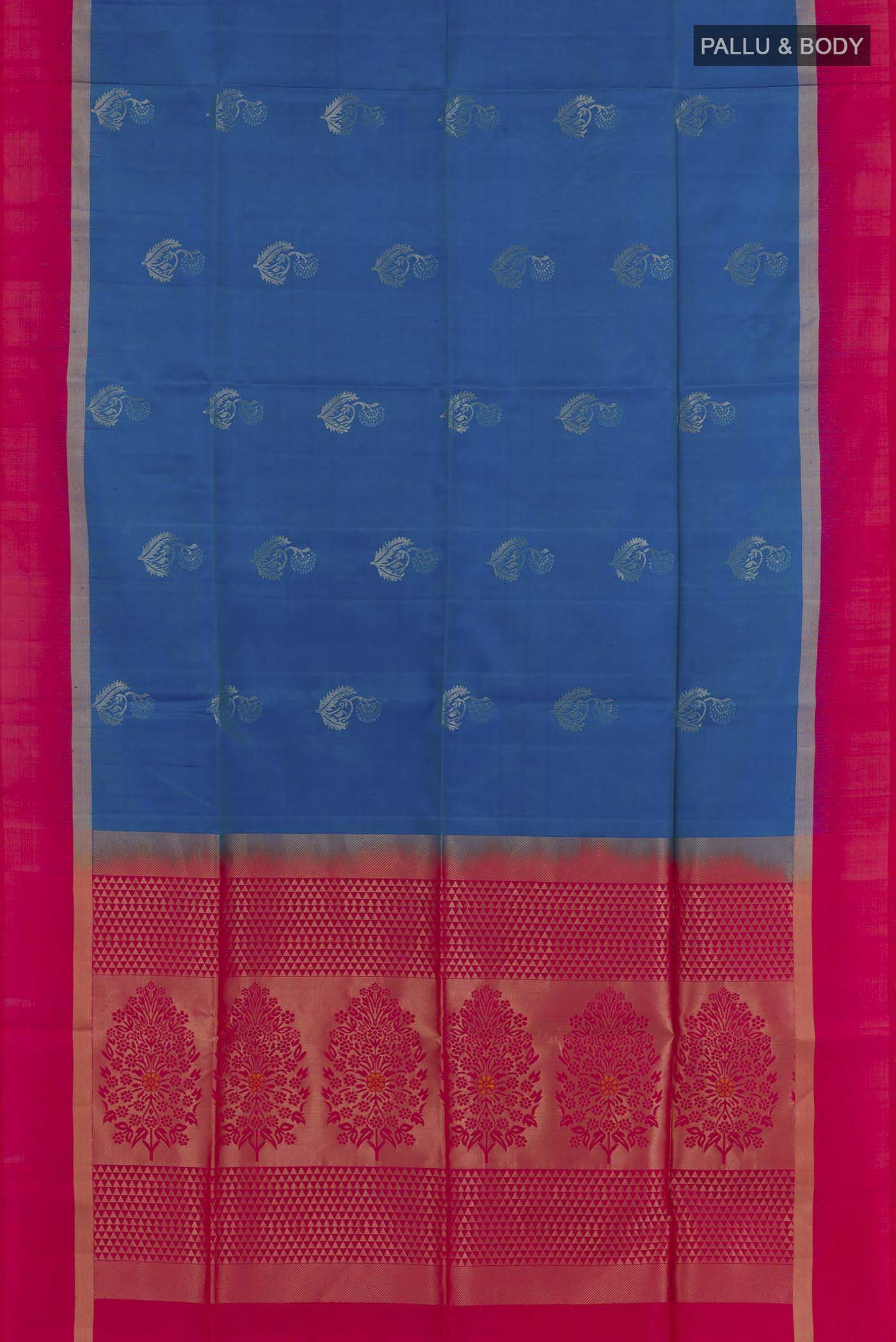 Flat view of Blue Soft Silk Saree with Zari Butta on the body and Zari Border. 