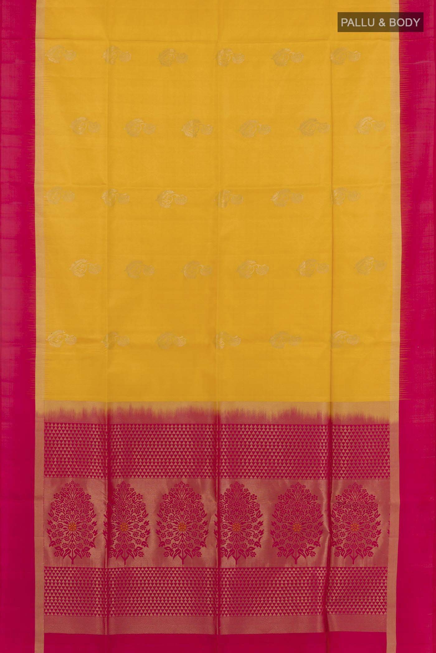 Flat view of Yellow Soft Silk Saree with Zari Butta on the body and Zari Border. 