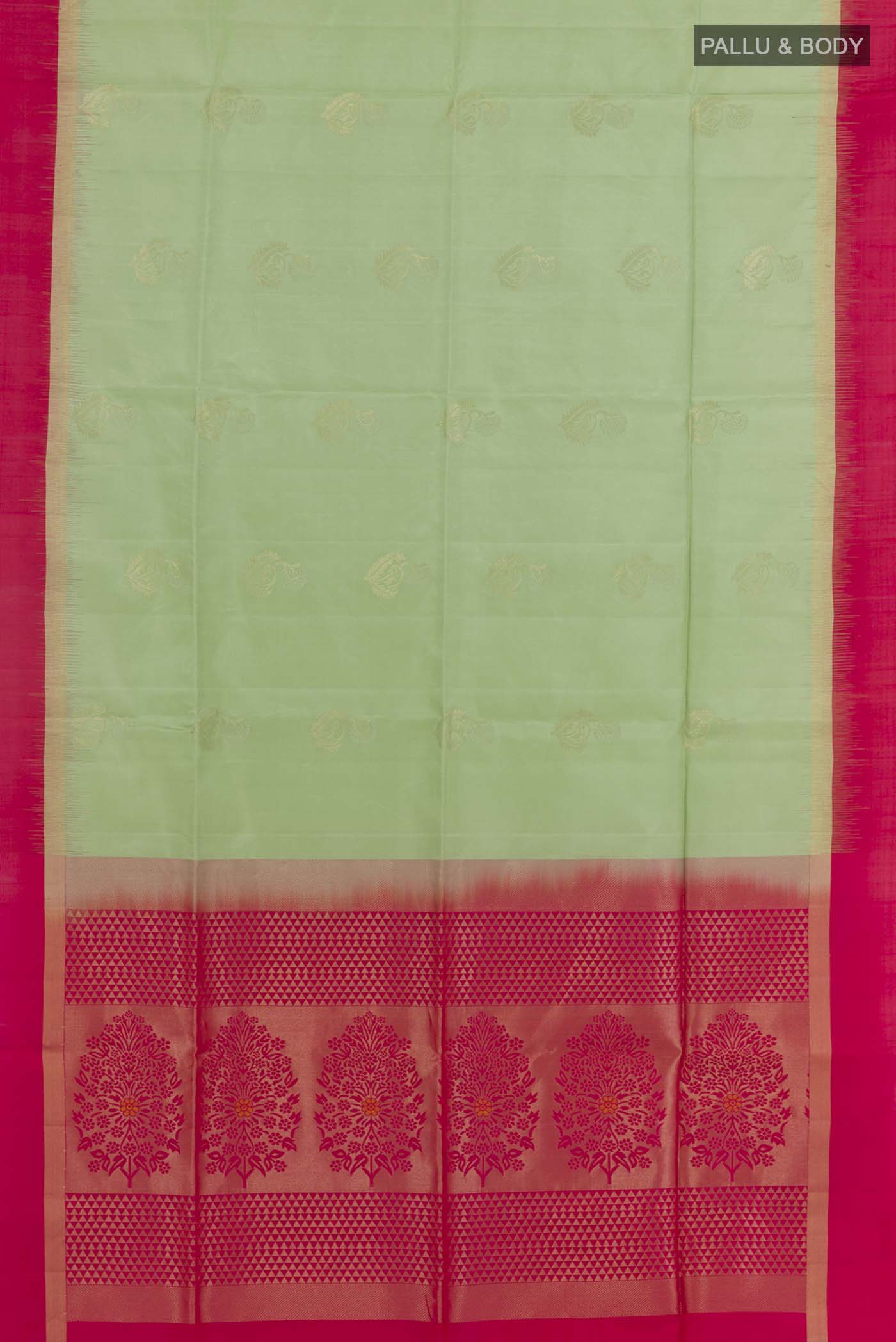 Flat view of Pista Green Soft Silk Saree with Zari Butta on the body and Zari Border. 